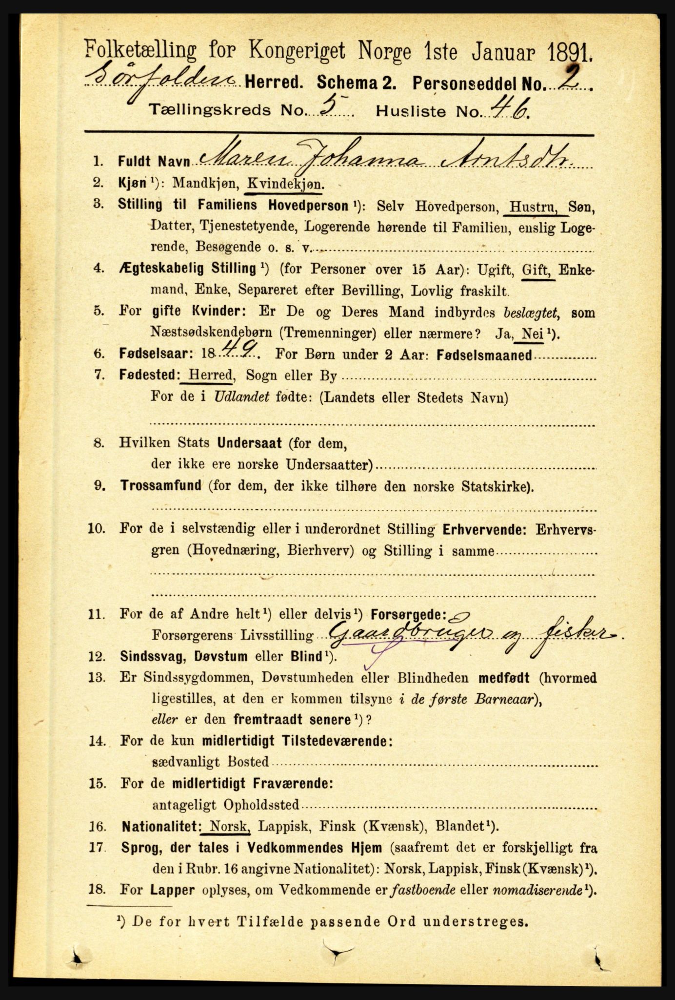 RA, 1891 census for 1845 Sørfold, 1891, p. 1681