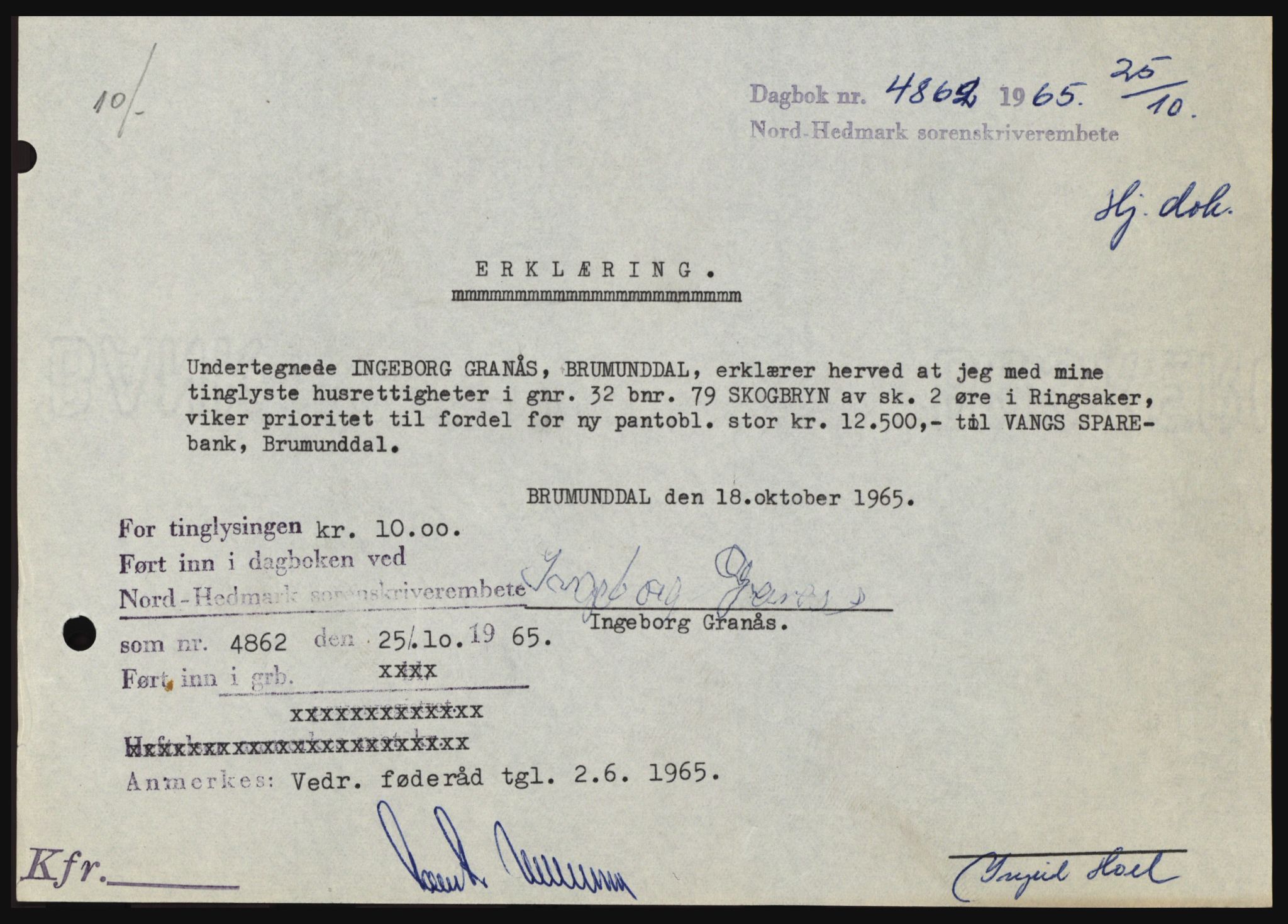 Nord-Hedmark sorenskriveri, SAH/TING-012/H/Hc/L0022: Mortgage book no. 22, 1965-1965, Diary no: : 4862/1965