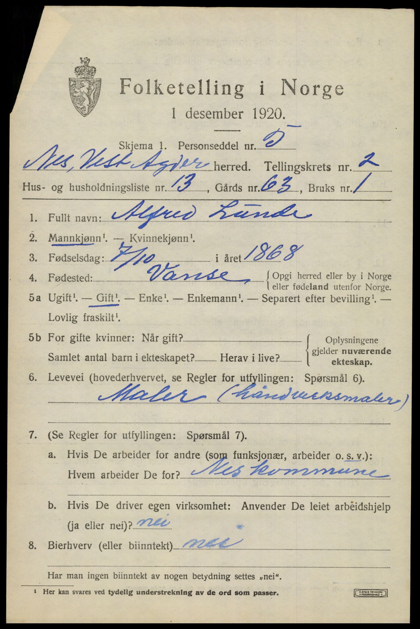 SAK, 1920 census for Nes (V-A), 1920, p. 1532