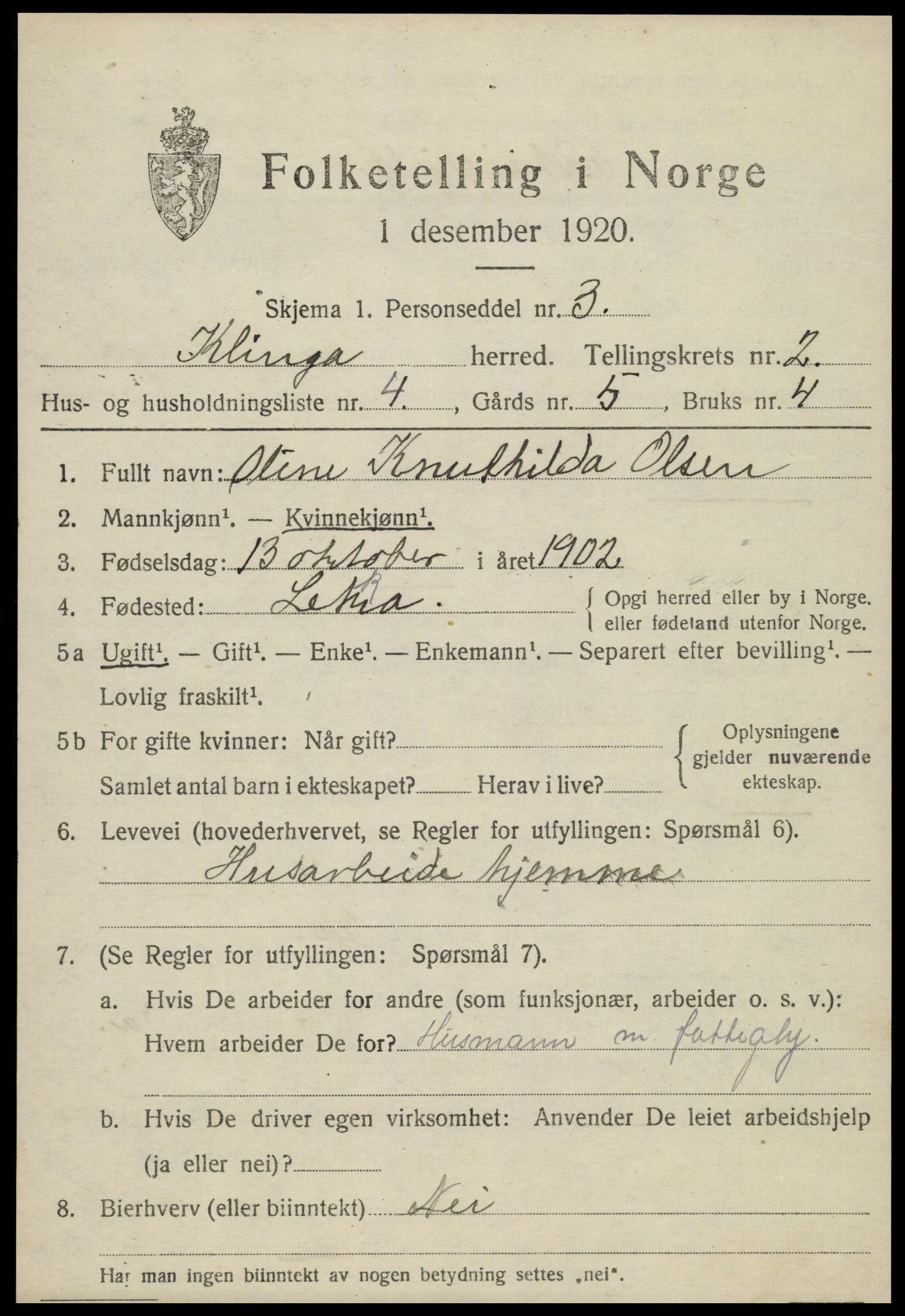SAT, 1920 census for Klinga, 1920, p. 1423