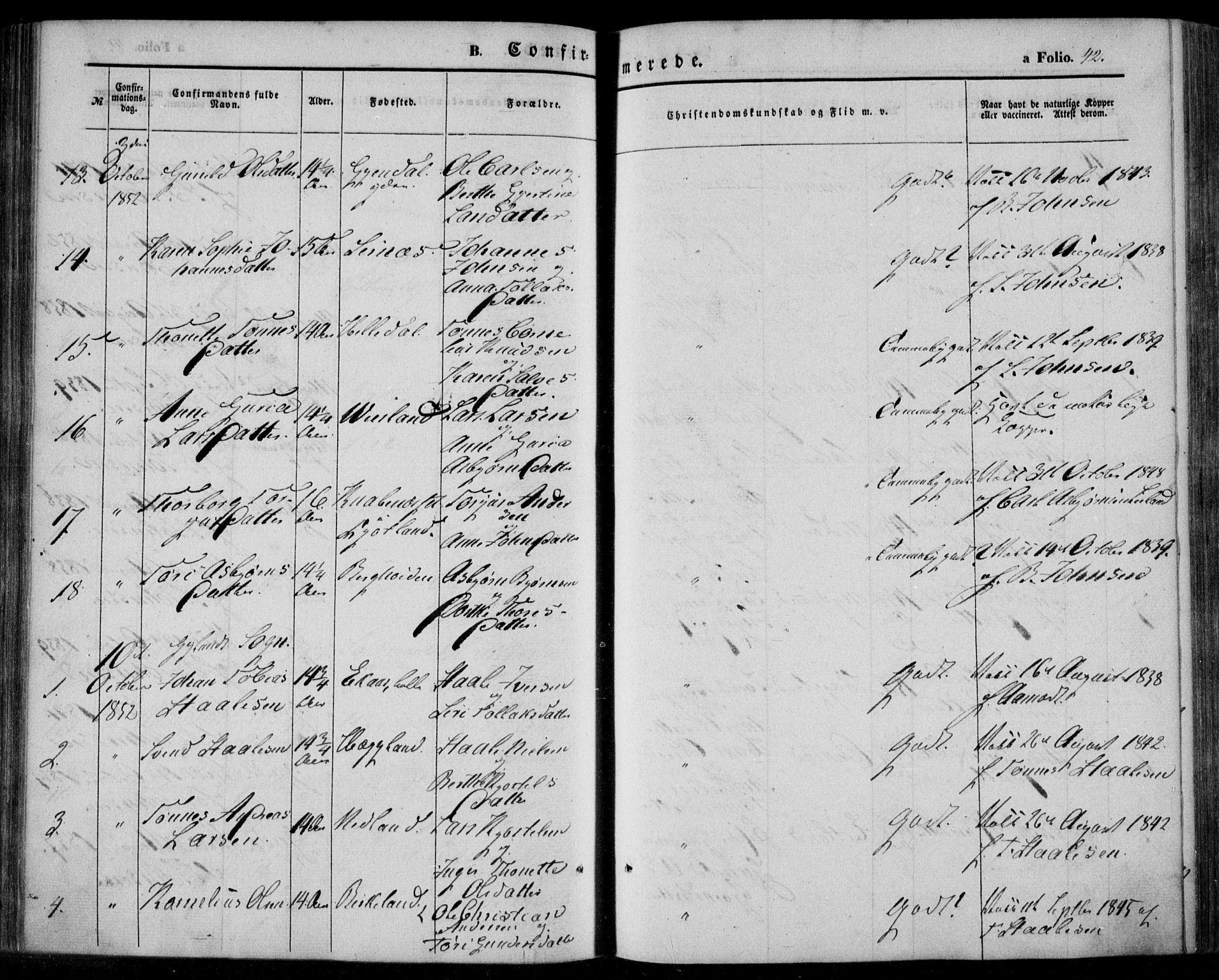 Bakke sokneprestkontor, AV/SAK-1111-0002/F/Fa/Faa/L0005: Parish register (official) no. A 5, 1847-1855, p. 42