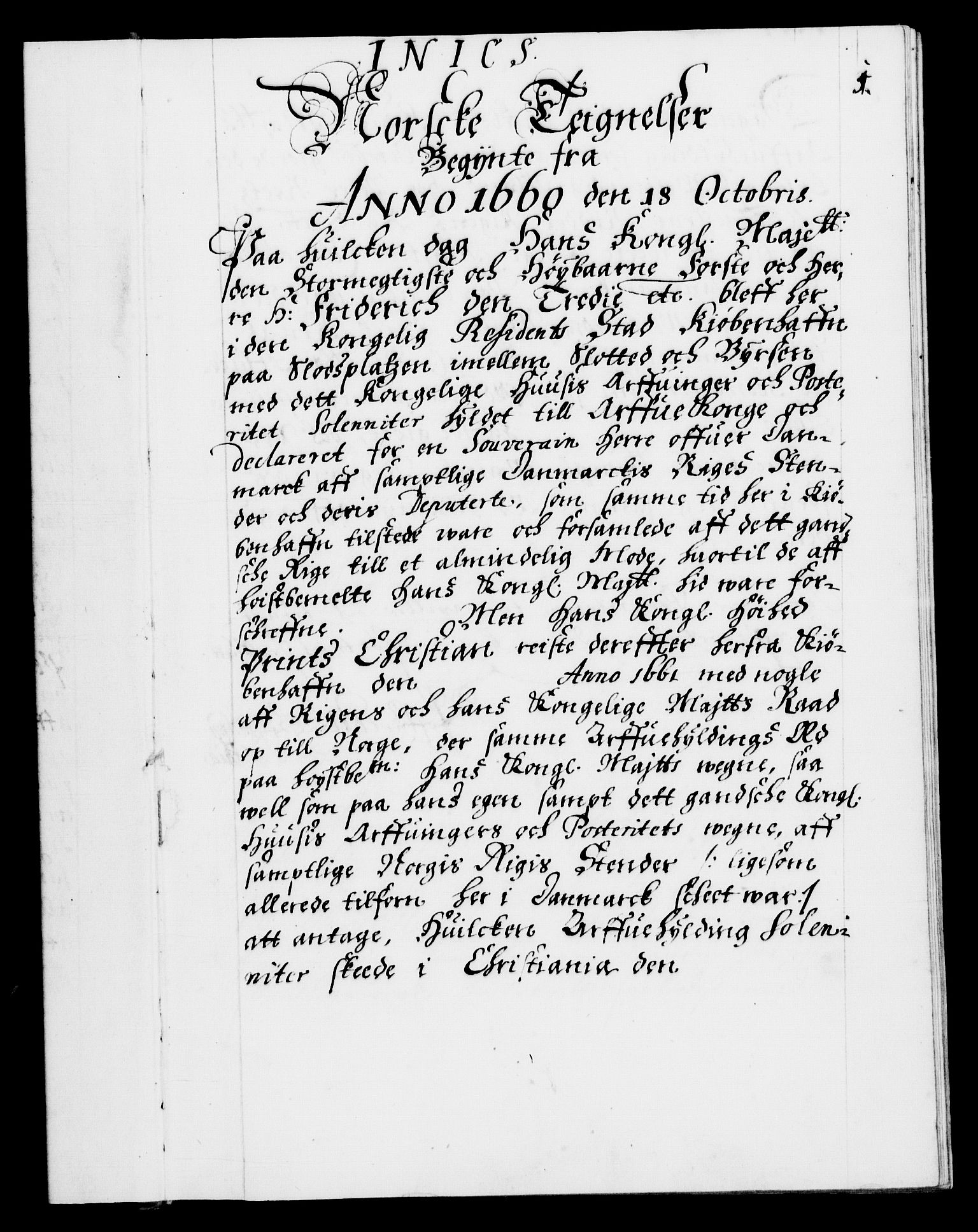 Danske Kanselli 1572-1799, RA/EA-3023/F/Fc/Fca/Fcab/L0011: Norske tegnelser (mikrofilm), 1660-1670, p. 1a