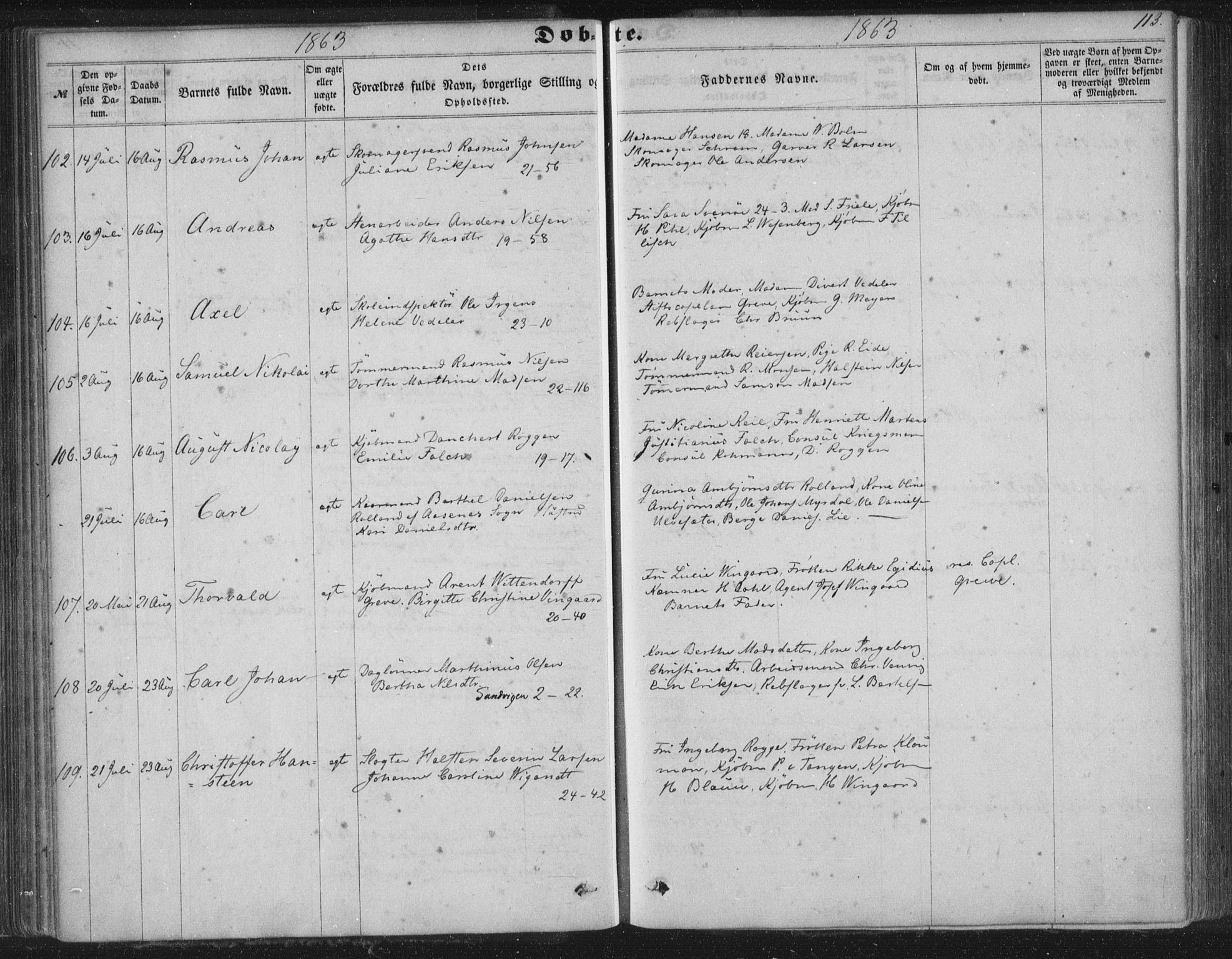 Korskirken sokneprestembete, AV/SAB-A-76101/H/Haa/L0018: Parish register (official) no. B 4, 1857-1866, p. 113