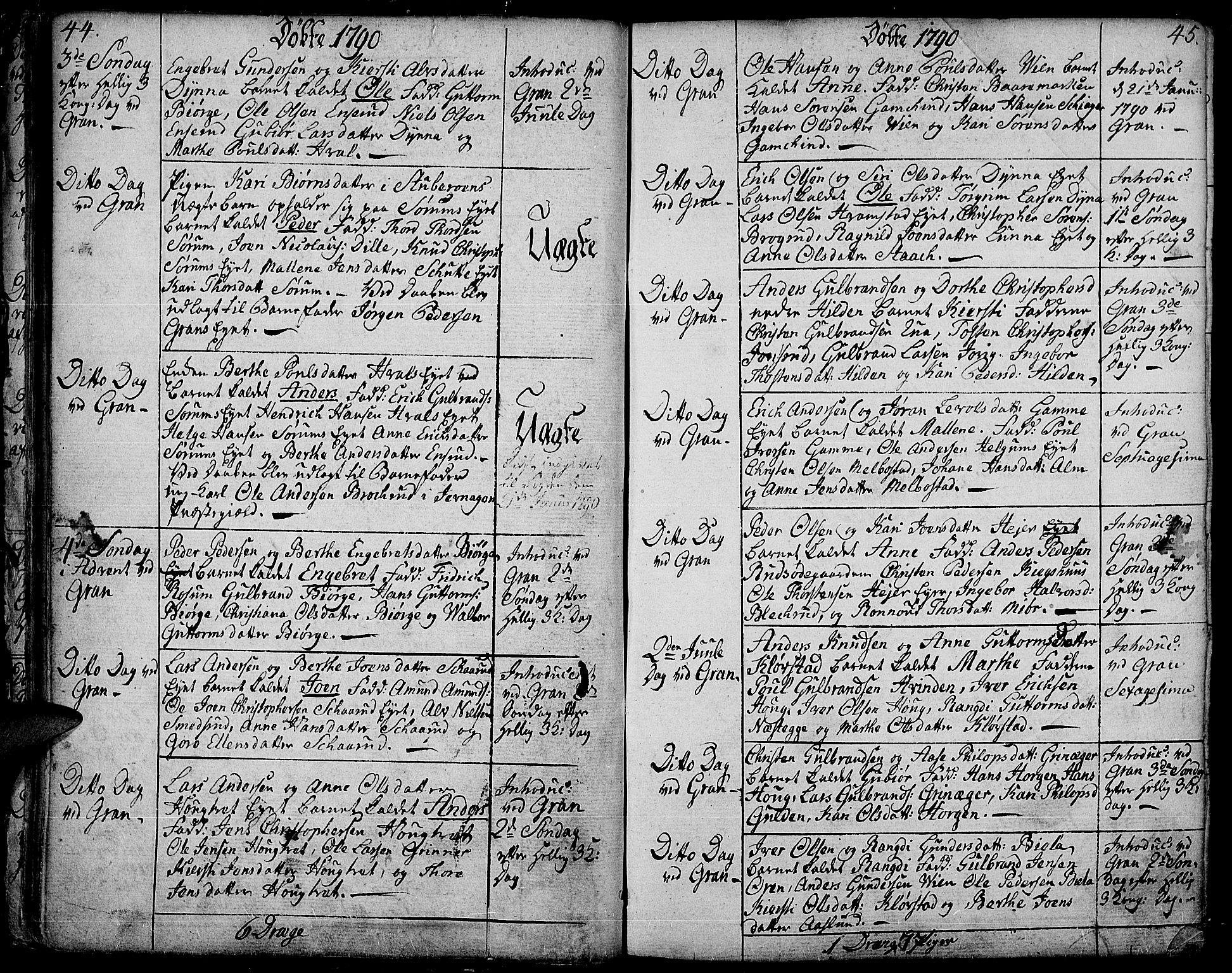 Gran prestekontor, SAH/PREST-112/H/Ha/Haa/L0006: Parish register (official) no. 6, 1787-1824, p. 44-45