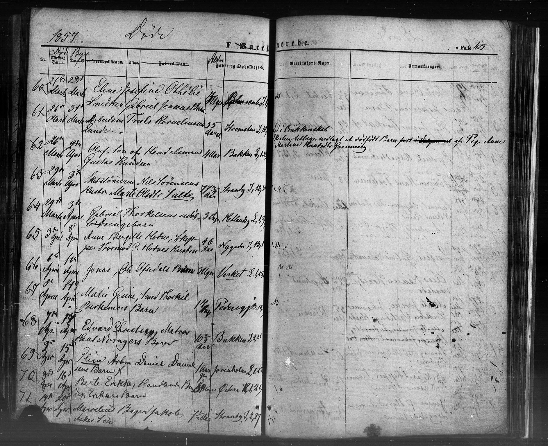 Domkirken sokneprestkontor, AV/SAST-A-101812/001/30/30BB/L0009: Parish register (copy) no. B 9, 1850-1858, p. 423