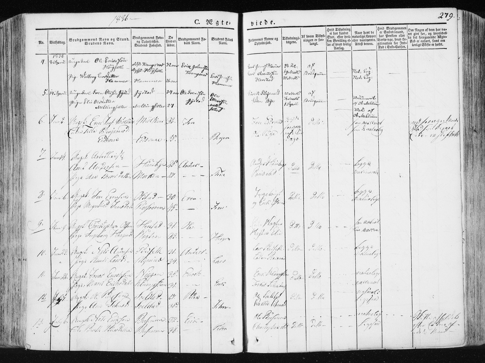 Ministerialprotokoller, klokkerbøker og fødselsregistre - Sør-Trøndelag, SAT/A-1456/665/L0771: Parish register (official) no. 665A06, 1830-1856, p. 279