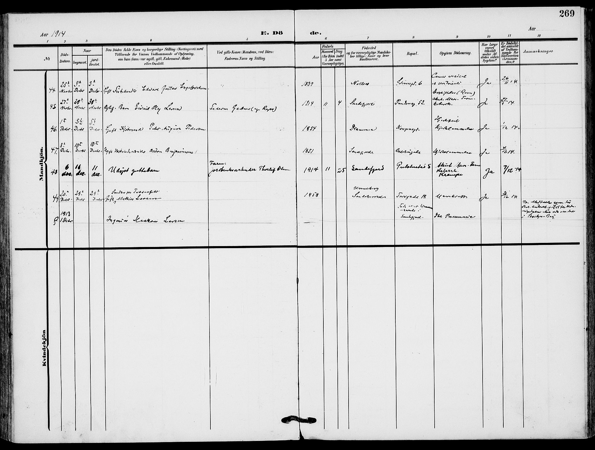 Sandefjord kirkebøker, AV/SAKO-A-315/F/Fa/L0005: Parish register (official) no. 5, 1906-1915, p. 269