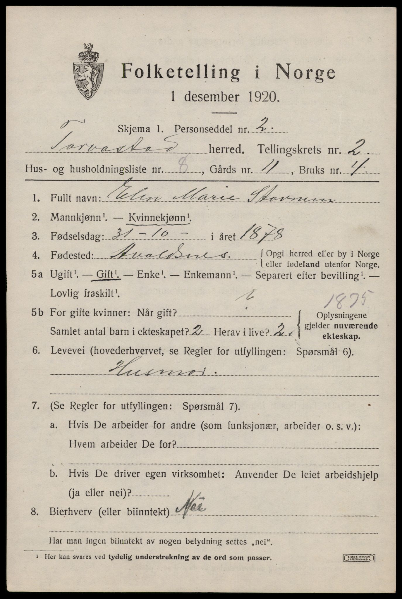 SAST, 1920 census for Torvastad, 1920, p. 2072