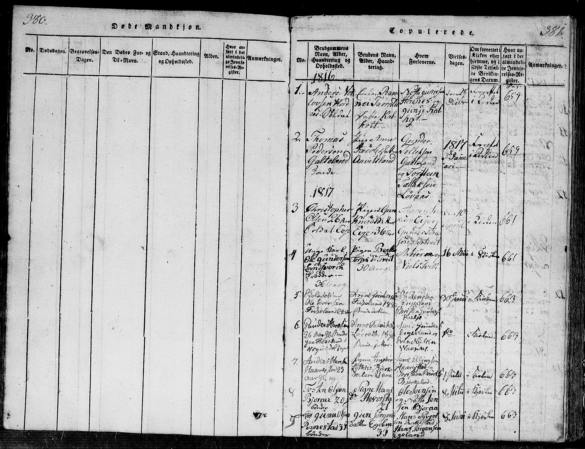 Evje sokneprestkontor, SAK/1111-0008/F/Fa/Faa/L0004: Parish register (official) no. A 4, 1816-1840, p. 380-381
