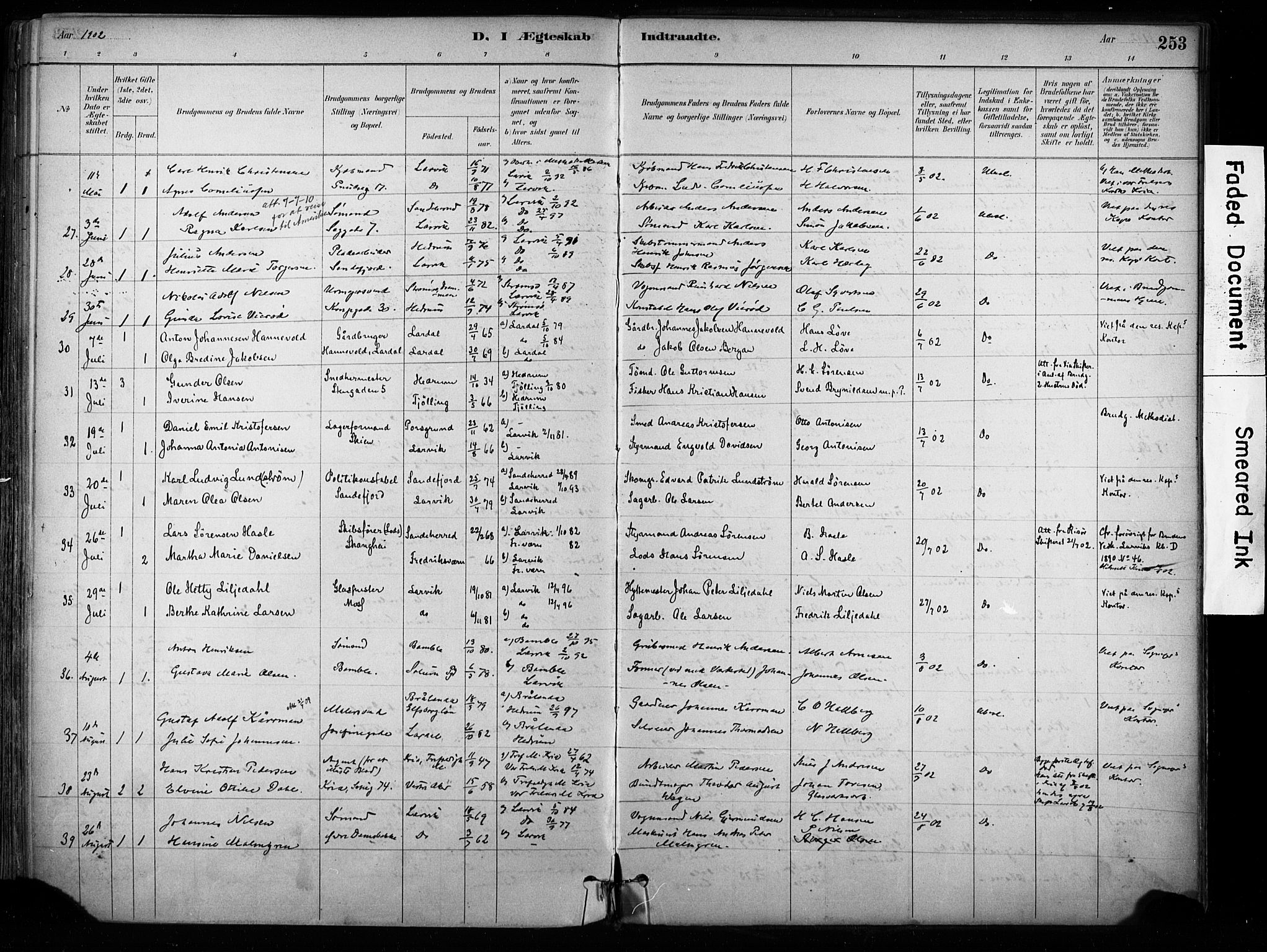 Larvik kirkebøker, AV/SAKO-A-352/F/Fa/L0008: Parish register (official) no. I 8, 1884-1902, p. 253