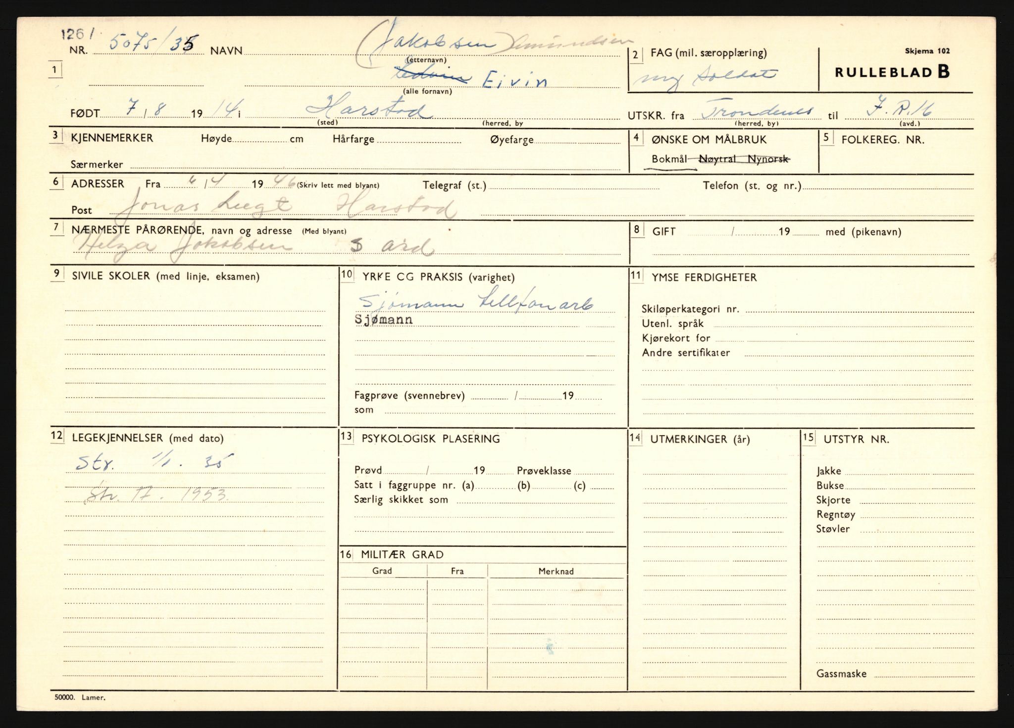 Forsvaret, Troms infanteriregiment nr. 16, AV/RA-RAFA-3146/P/Pa/L0019: Rulleblad for regimentets menige mannskaper, årsklasse 1935, 1935, p. 495