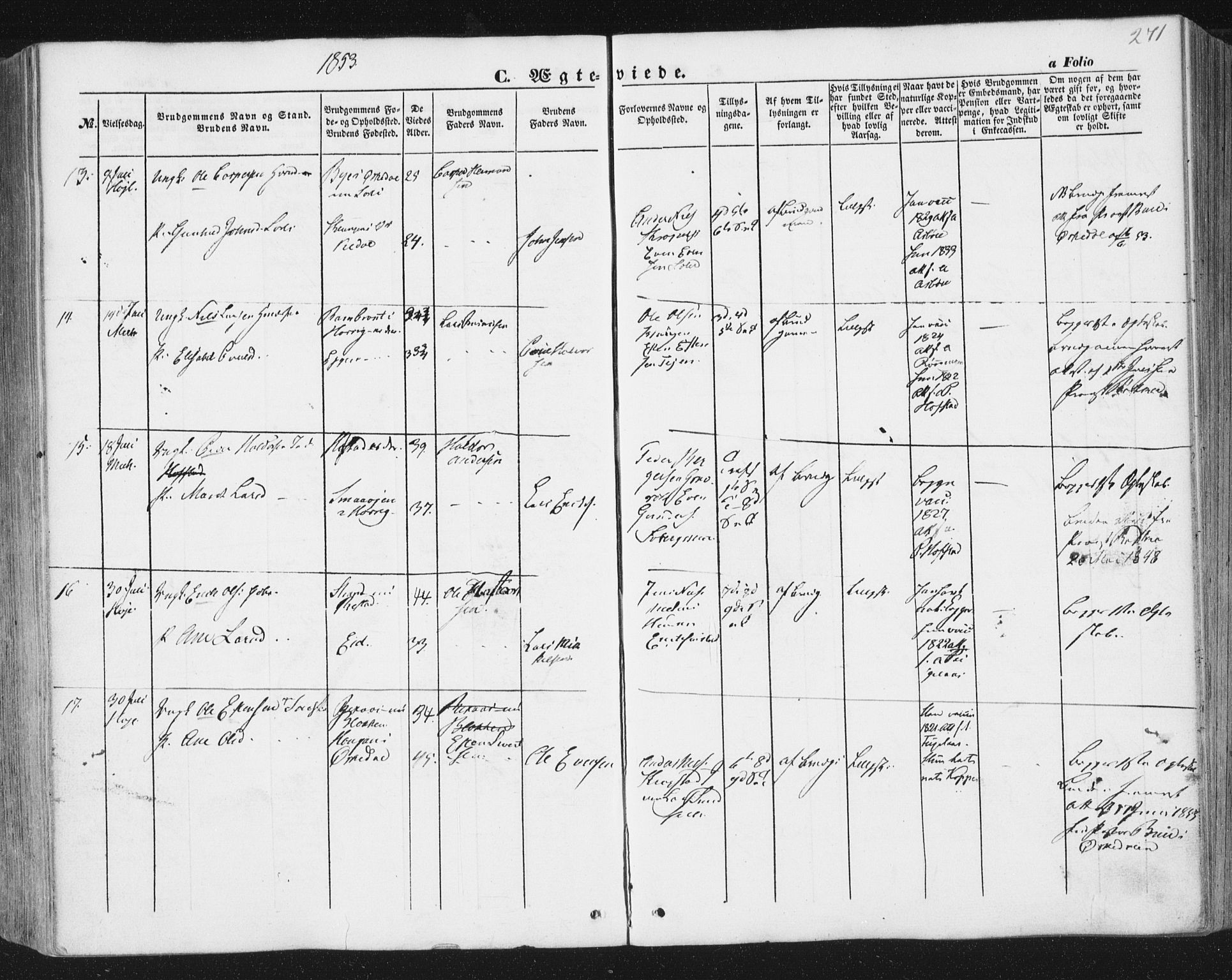 Ministerialprotokoller, klokkerbøker og fødselsregistre - Sør-Trøndelag, AV/SAT-A-1456/691/L1076: Parish register (official) no. 691A08, 1852-1861, p. 271