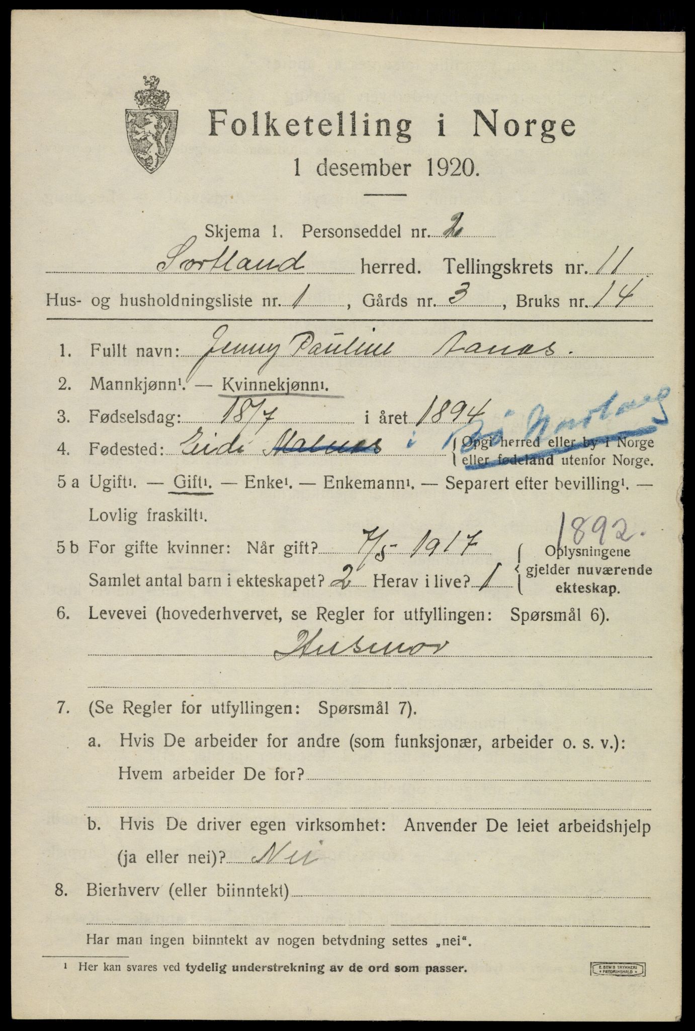 SAT, 1920 census for Sortland, 1920, p. 8018