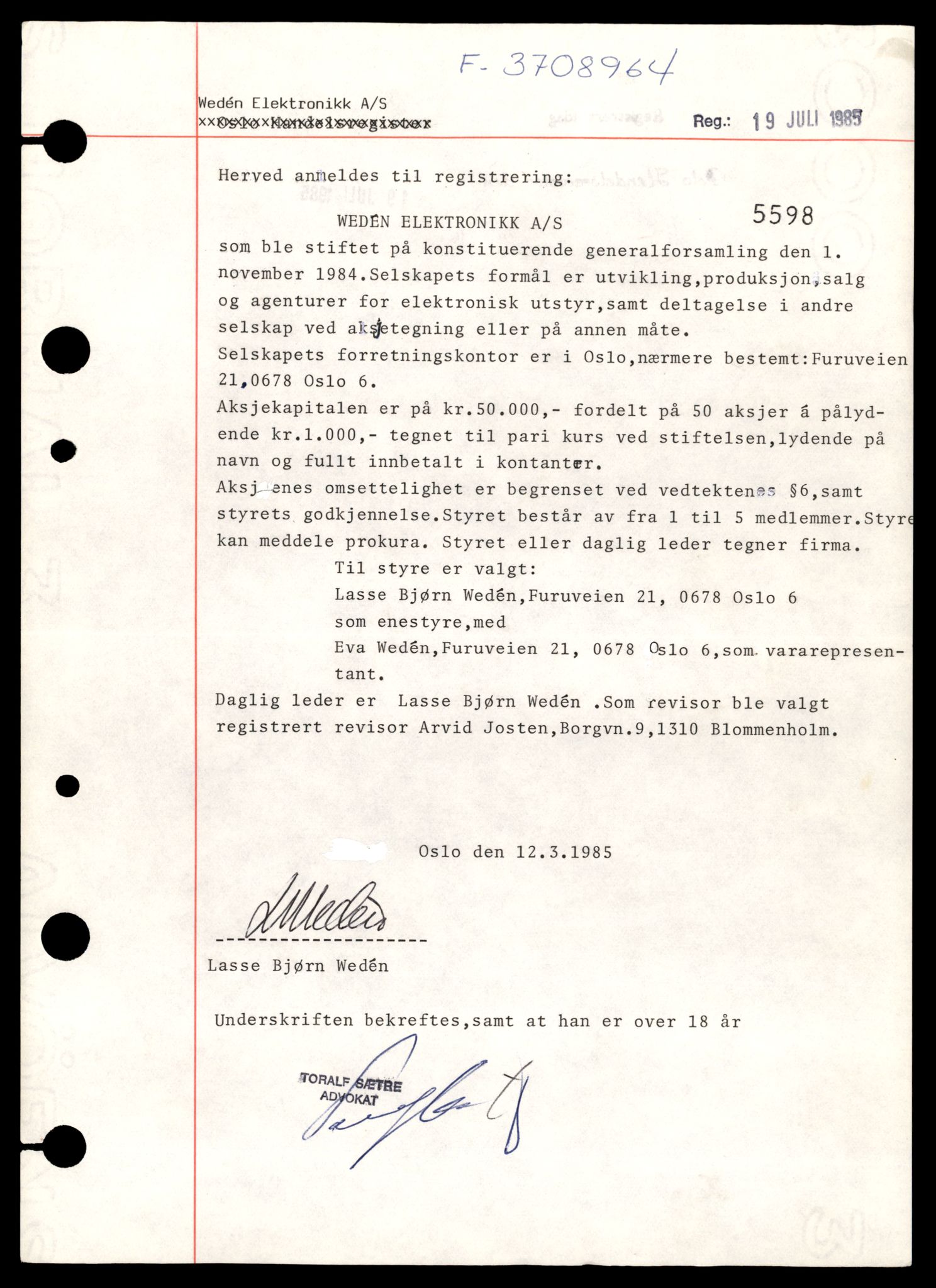 Oslo byfogd, Handelsregisteret, SAT/A-10867/G/Gb/Gbb/L0103: Registreringsmeldinger, Ve-Ø, 1987, p. 3