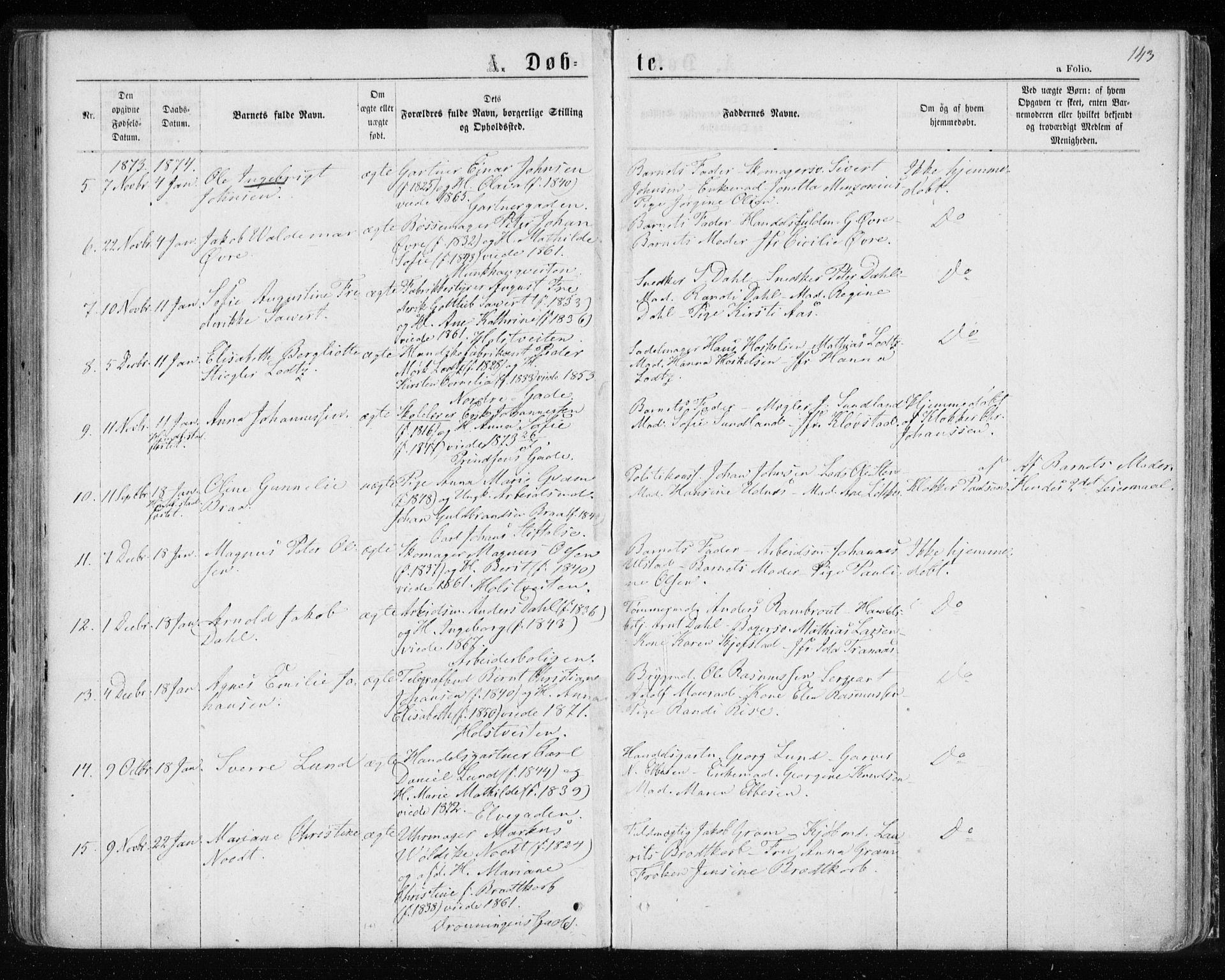 Ministerialprotokoller, klokkerbøker og fødselsregistre - Sør-Trøndelag, SAT/A-1456/601/L0054: Parish register (official) no. 601A22, 1866-1877, p. 143