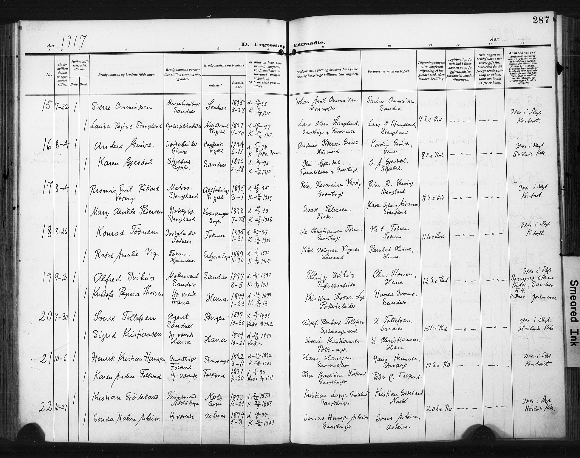 Høyland sokneprestkontor, AV/SAST-A-101799/001/30BA/L0017: Parish register (official) no. A 15, 1912-1924, p. 287