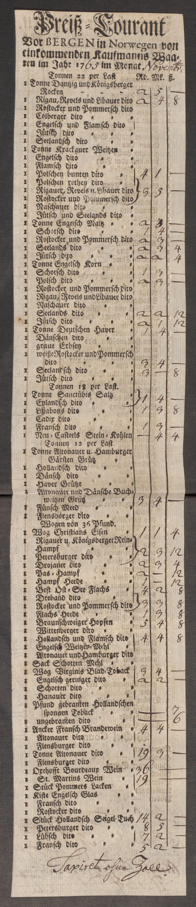 Rentekammeret inntil 1814, Realistisk ordnet avdeling, AV/RA-EA-4070/Oe/L0009: [Ø1]: Nordafjelske priskuranter, 1759-1768, p. 295