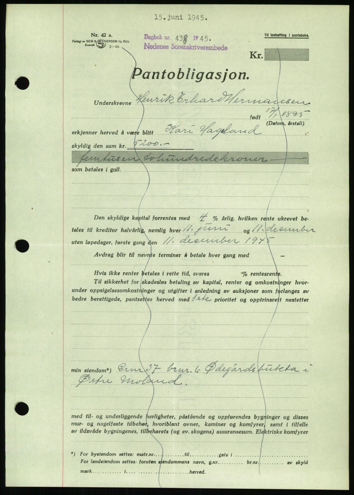 Nedenes sorenskriveri, AV/SAK-1221-0006/G/Gb/Gbb/L0002: Mortgage book no. II, 1942-1945, Diary no: : 438/1945