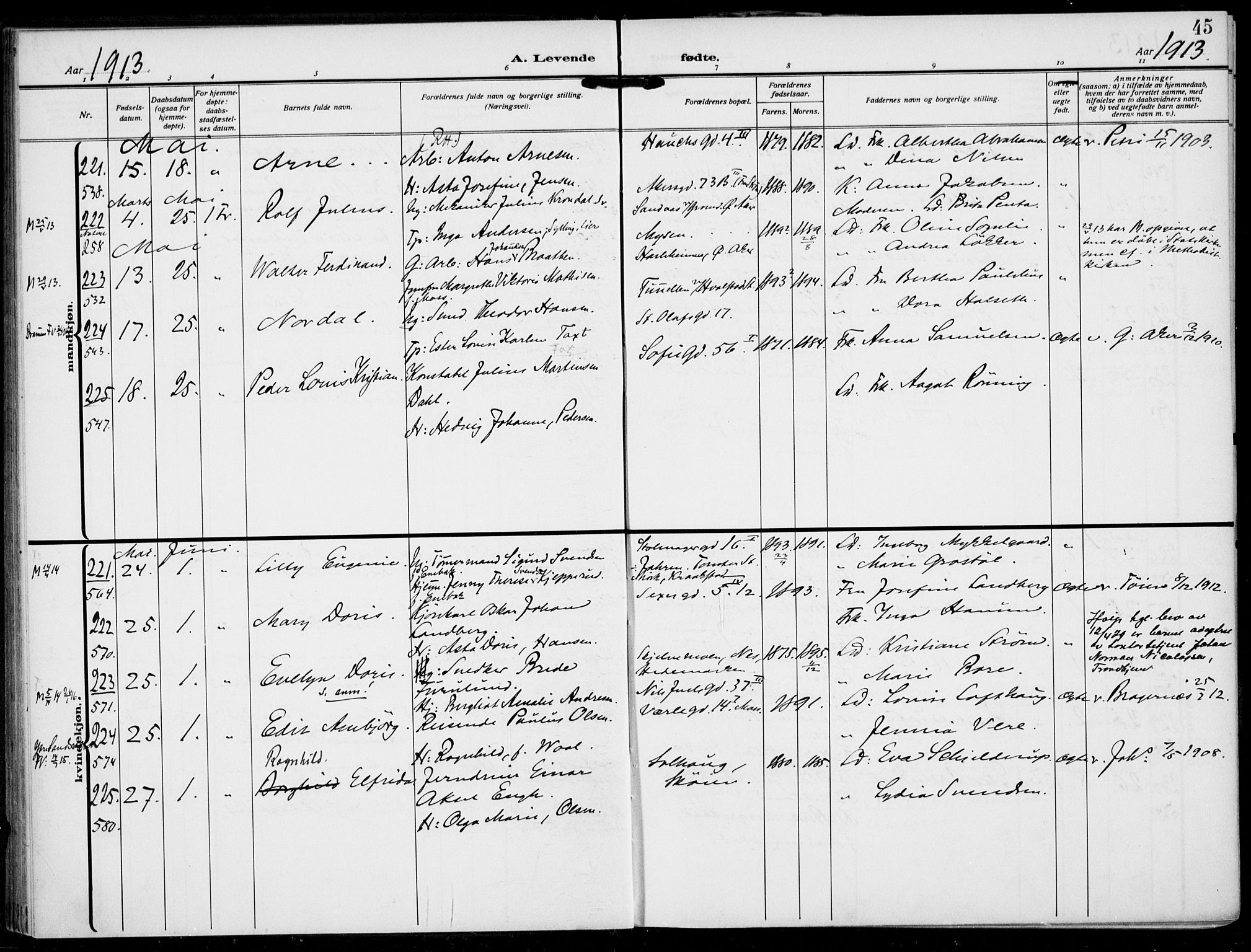 Rikshospitalet prestekontor Kirkebøker, SAO/A-10309b/F/L0015: Parish register (official) no. 15, 1913-1915, p. 45