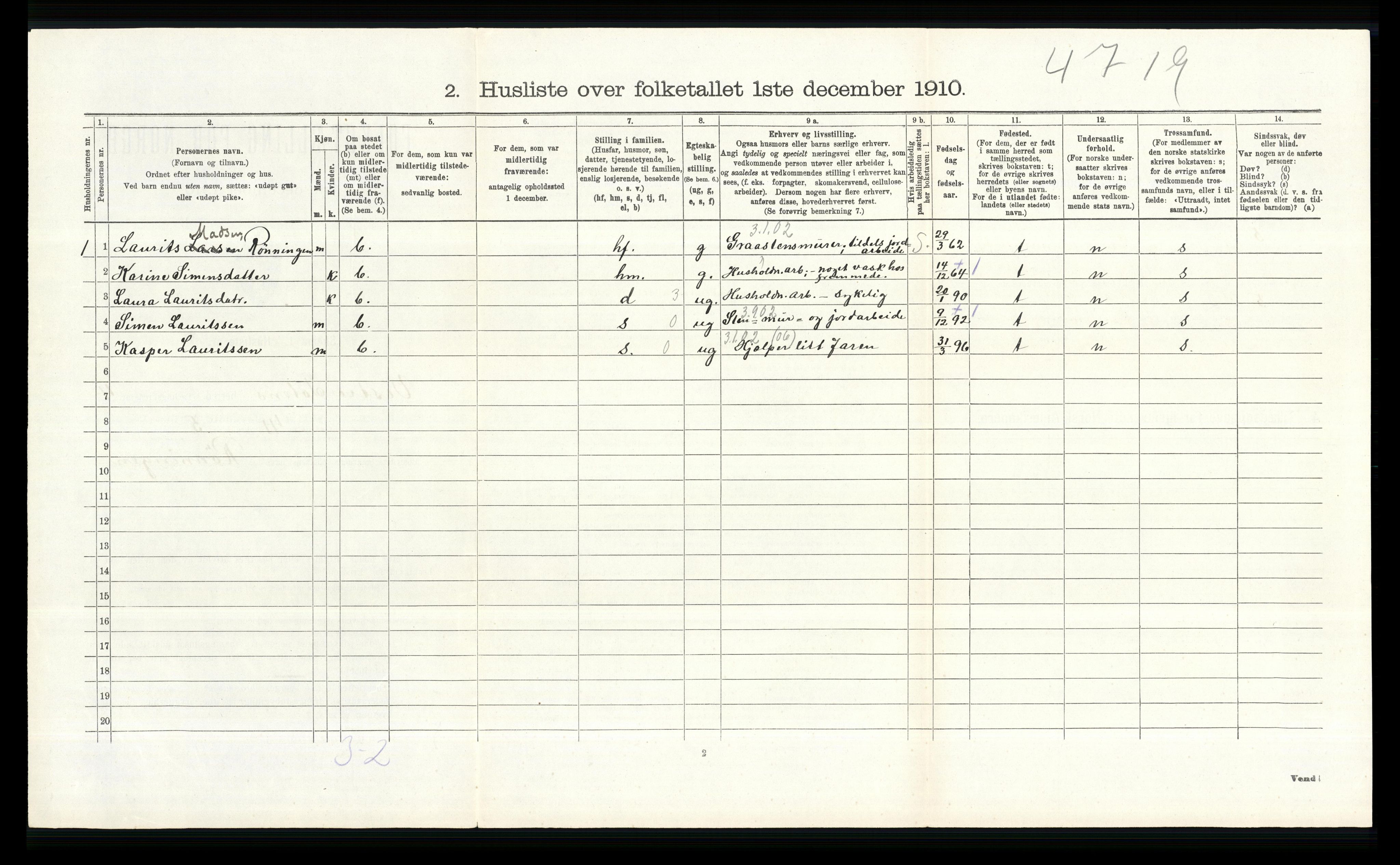 RA, 1910 census for Vestre Toten, 1910, p. 526