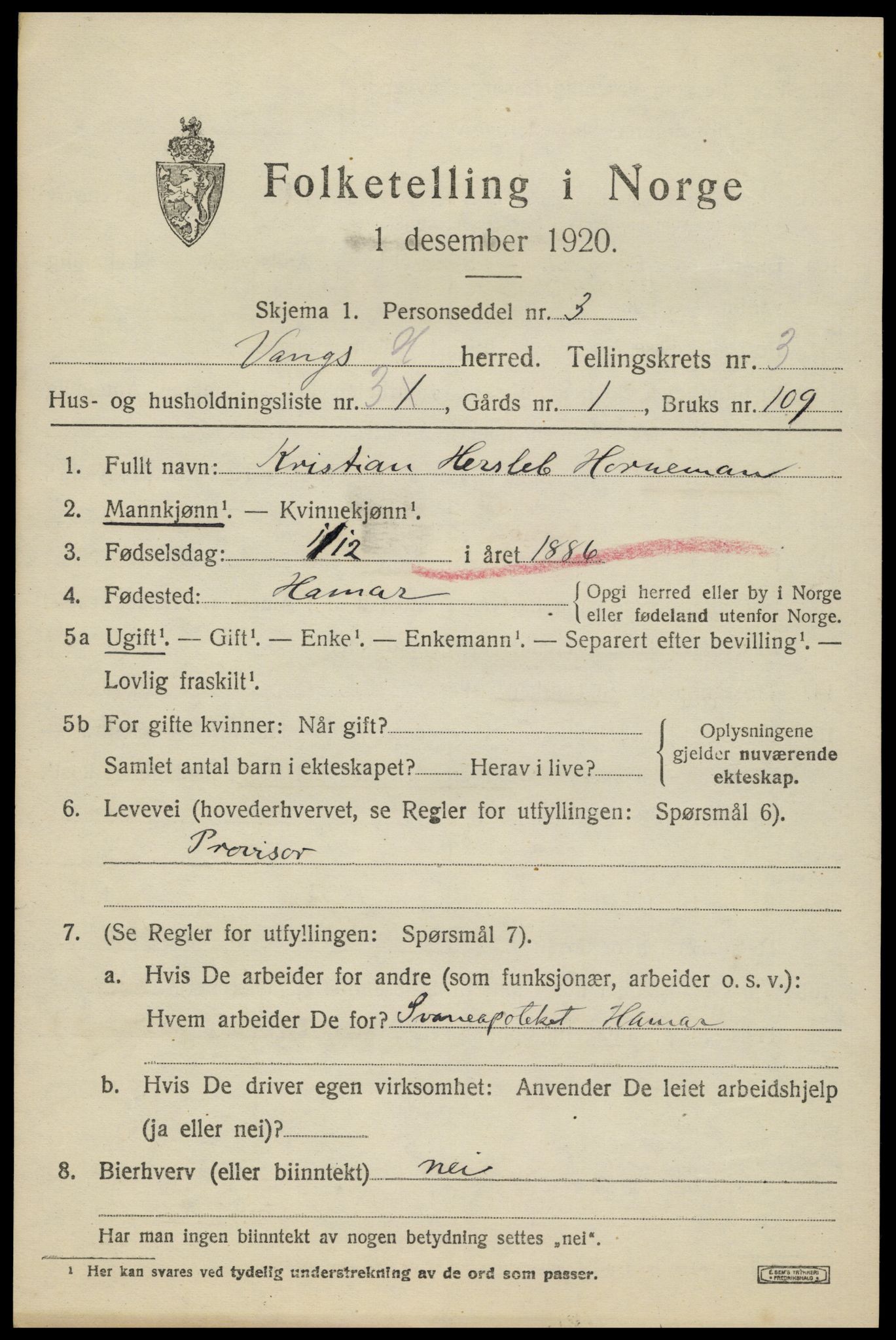 SAH, 1920 census for Vang (Hedmark), 1920, p. 9169