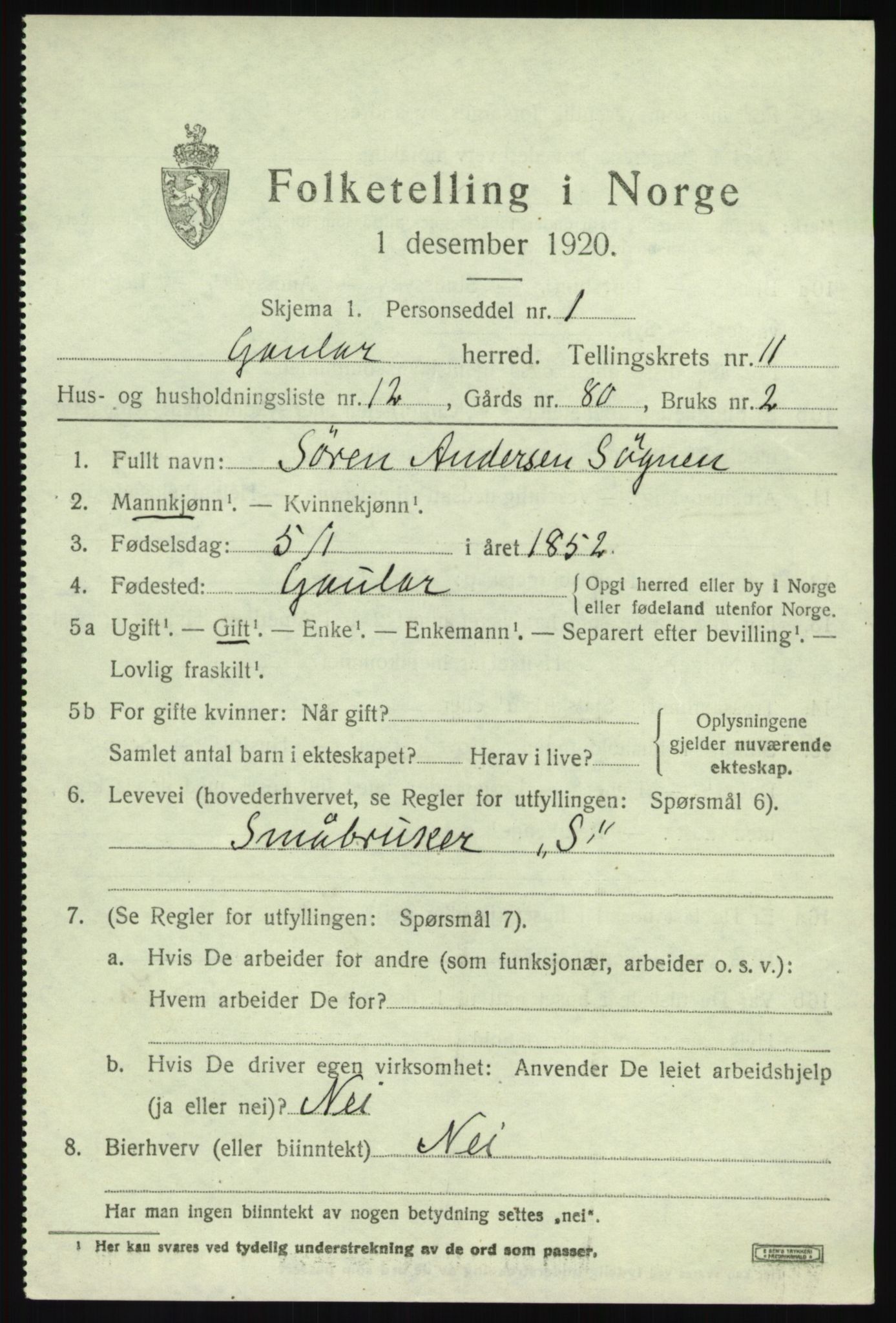 SAB, 1920 census for Gaular, 1920, p. 5266