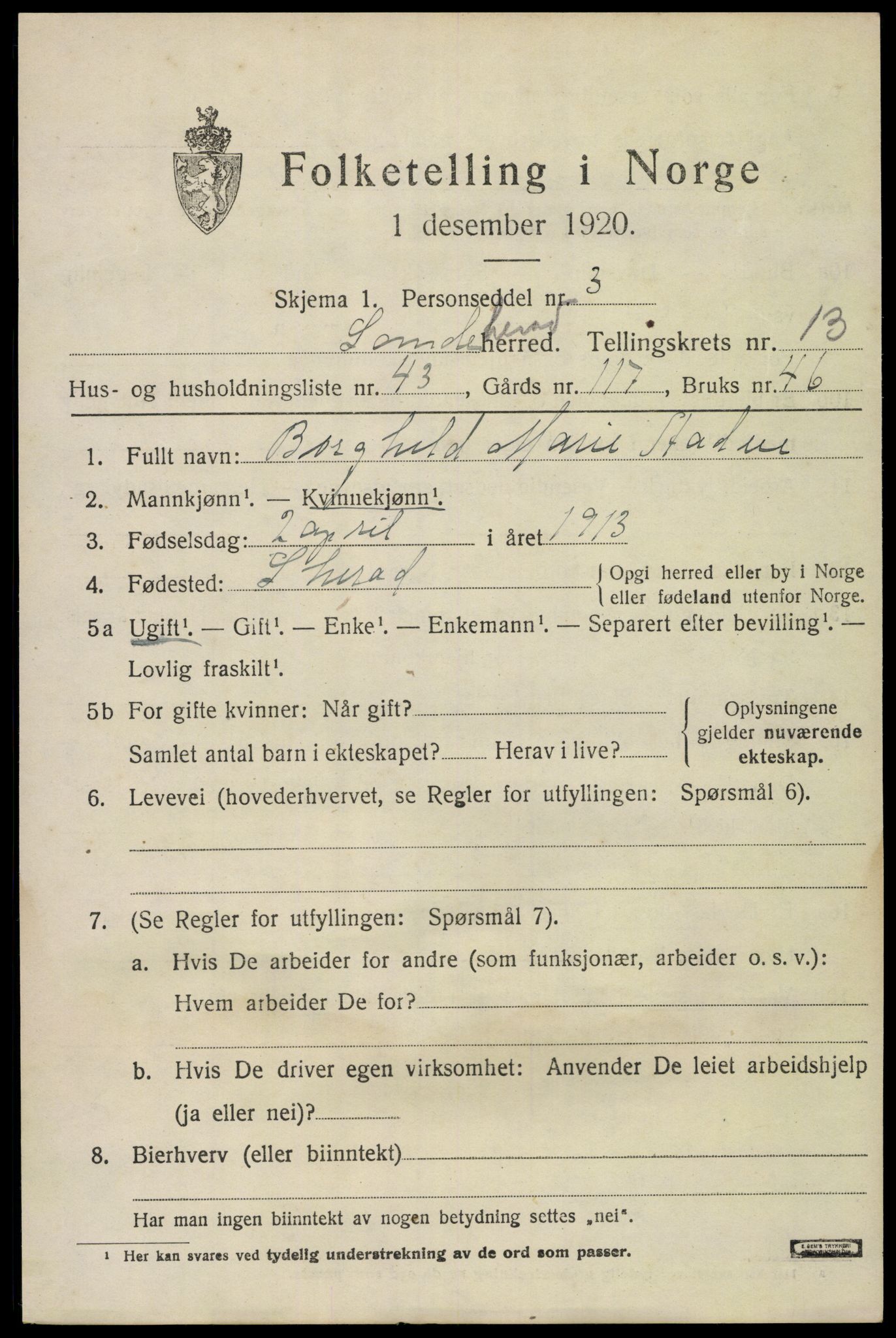 SAKO, 1920 census for Sandeherred, 1920, p. 19812