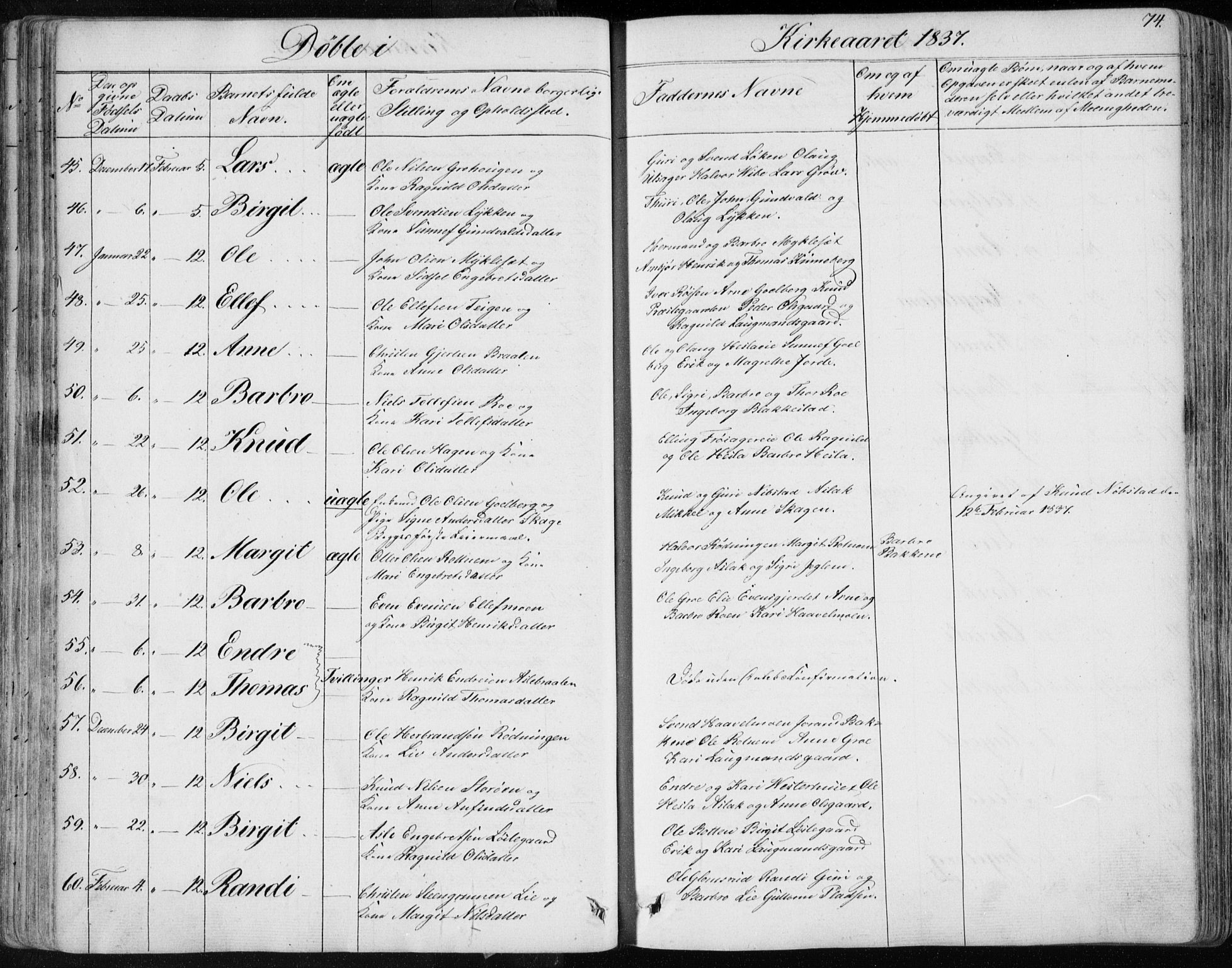 Nes kirkebøker, AV/SAKO-A-236/F/Fa/L0009: Parish register (official) no. 9, 1834-1863, p. 74