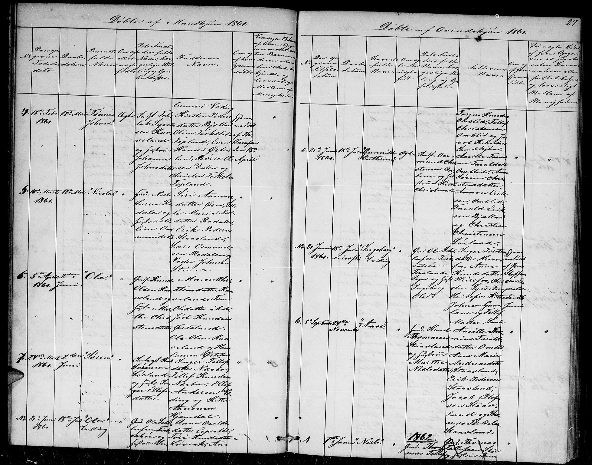 Herefoss sokneprestkontor, AV/SAK-1111-0019/F/Fb/Fba/L0001: Parish register (copy) no. B 1, 1851-1868, p. 27