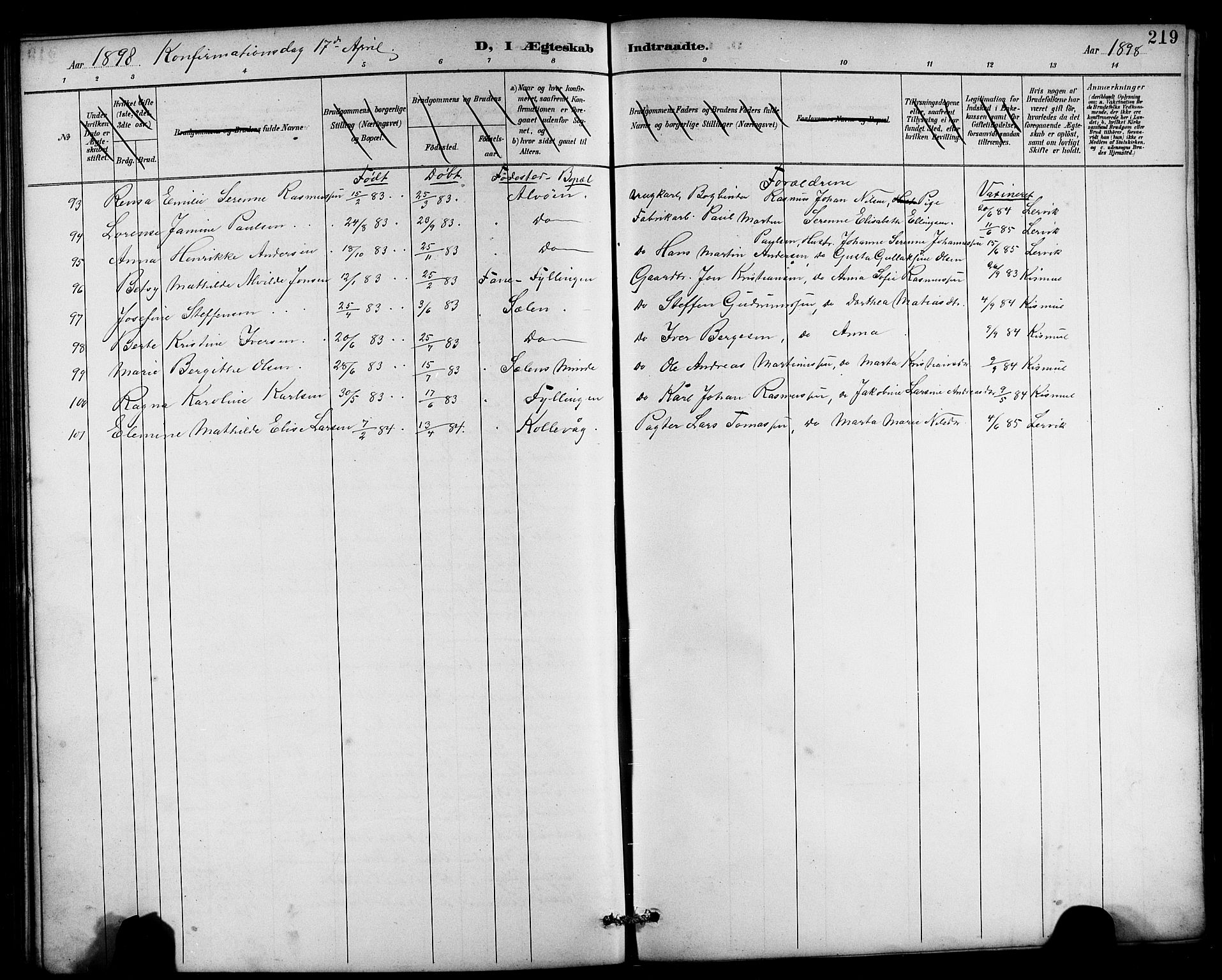 Laksevåg Sokneprestembete, AV/SAB-A-76501/H/Ha/Hab/Haba/L0003: Parish register (copy) no. A 3, 1887-1899, p. 219
