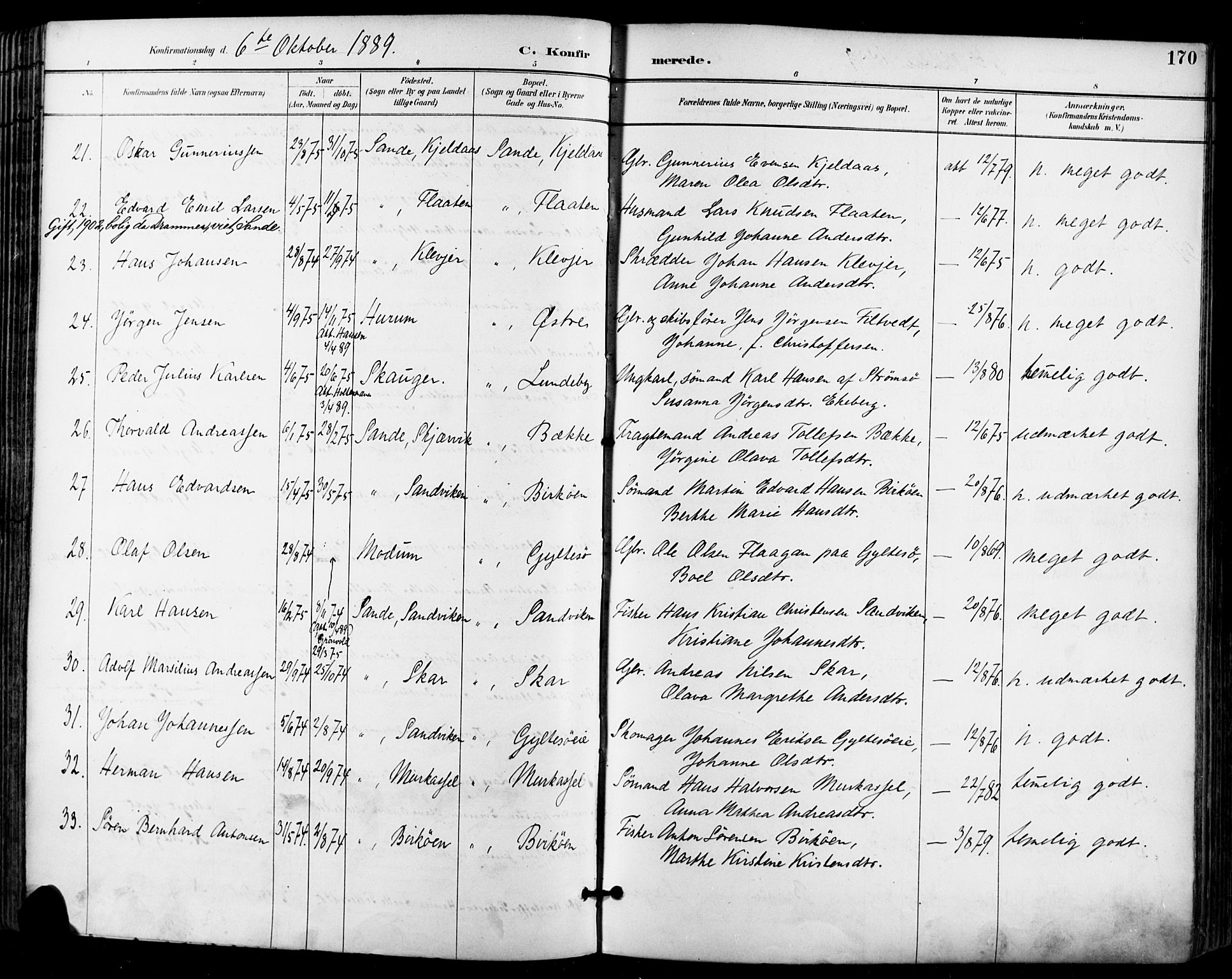 Sande Kirkebøker, AV/SAKO-A-53/F/Fa/L0007: Parish register (official) no. 7, 1888-1903, p. 170