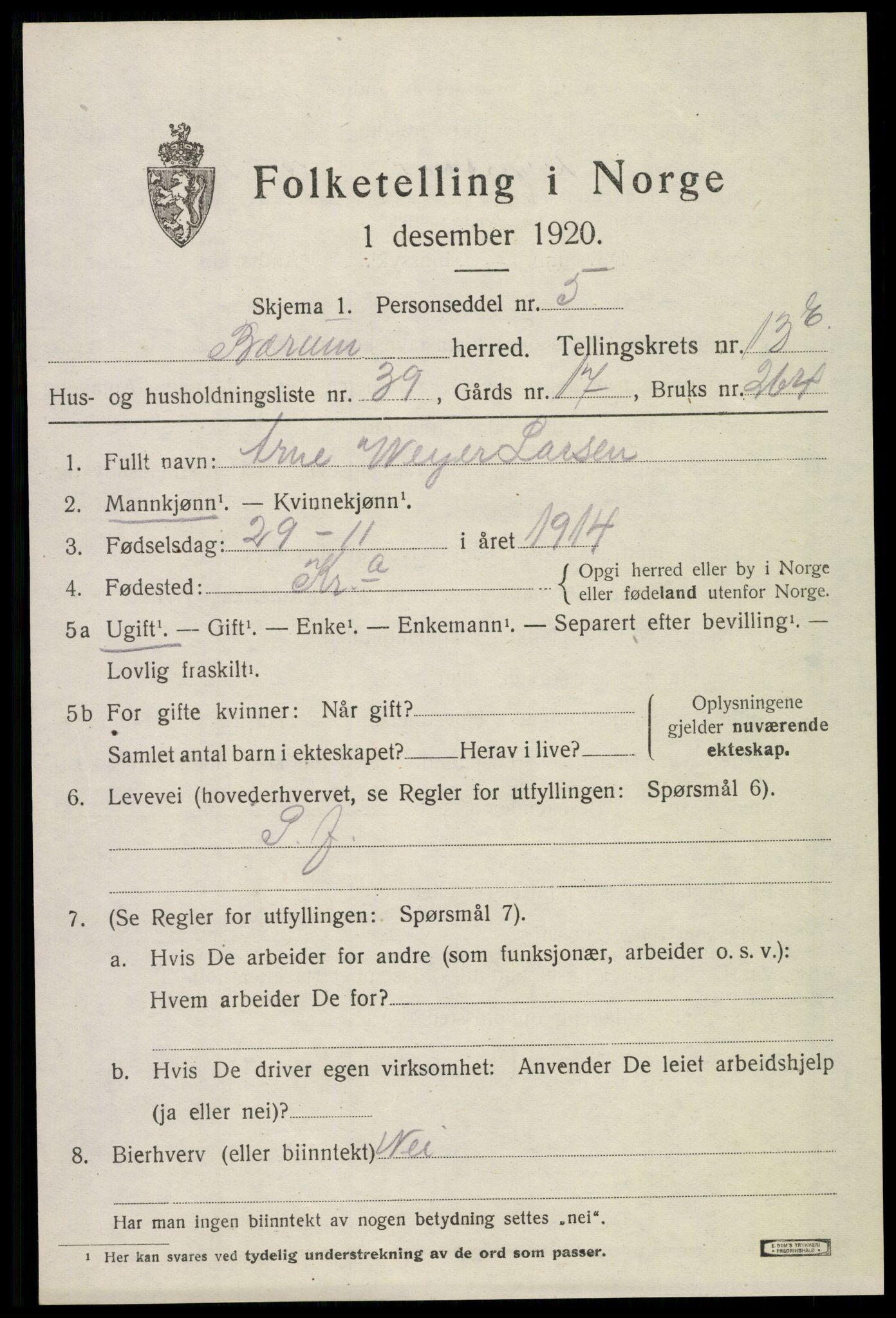 SAO, 1920 census for Bærum, 1920, p. 38324