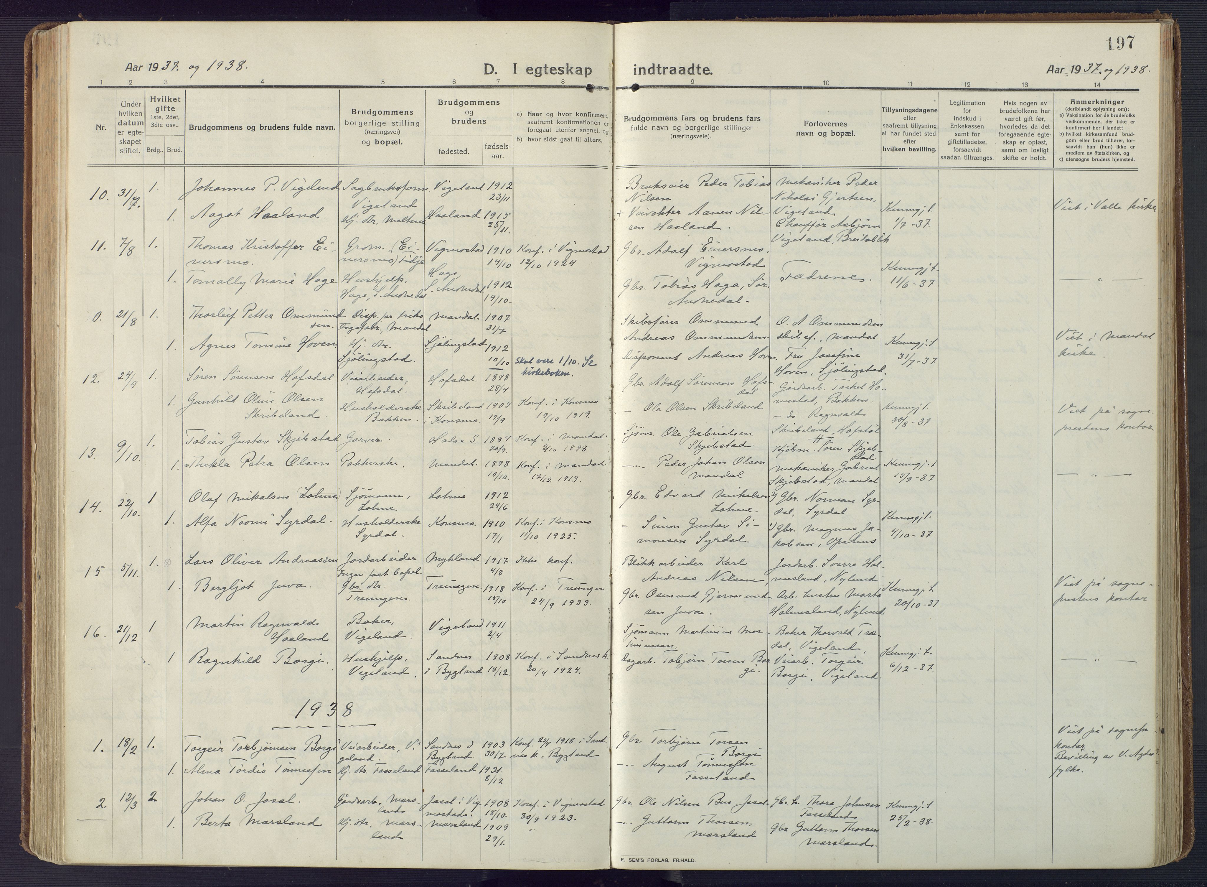 Sør-Audnedal sokneprestkontor, AV/SAK-1111-0039/F/Fa/Fab/L0011: Parish register (official) no. A 11, 1912-1938, p. 197