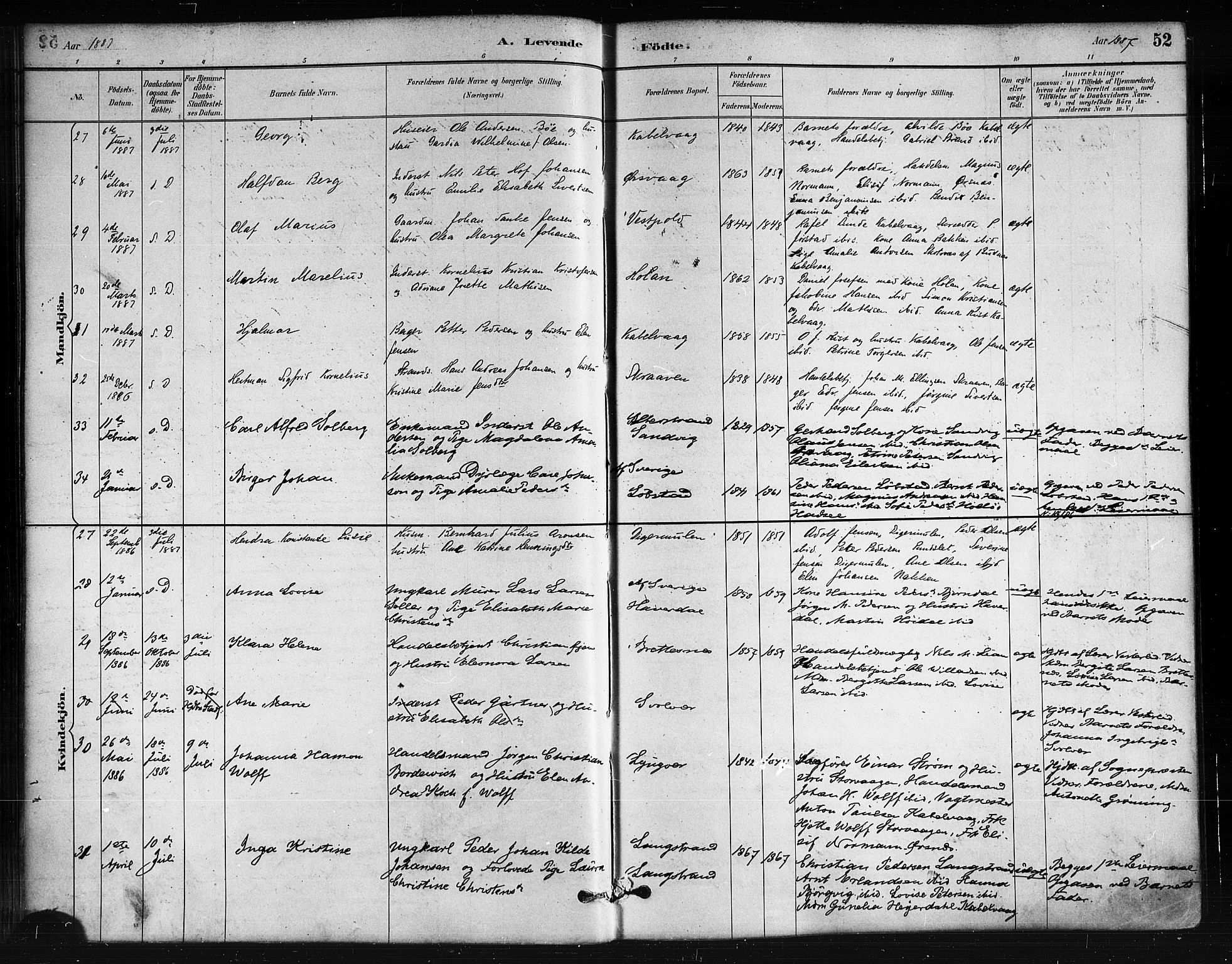 Ministerialprotokoller, klokkerbøker og fødselsregistre - Nordland, SAT/A-1459/874/L1059: Parish register (official) no. 874A03, 1884-1890, p. 52