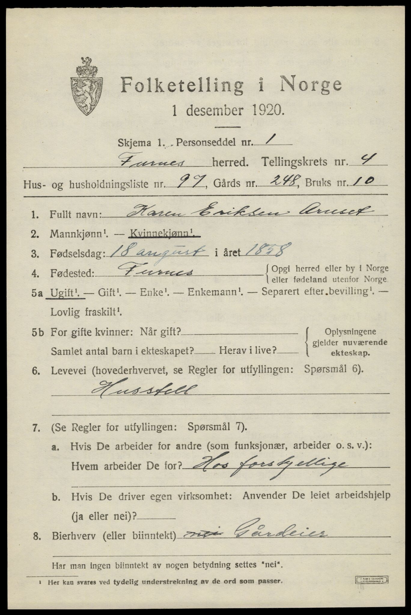 SAH, 1920 census for Furnes, 1920, p. 6975