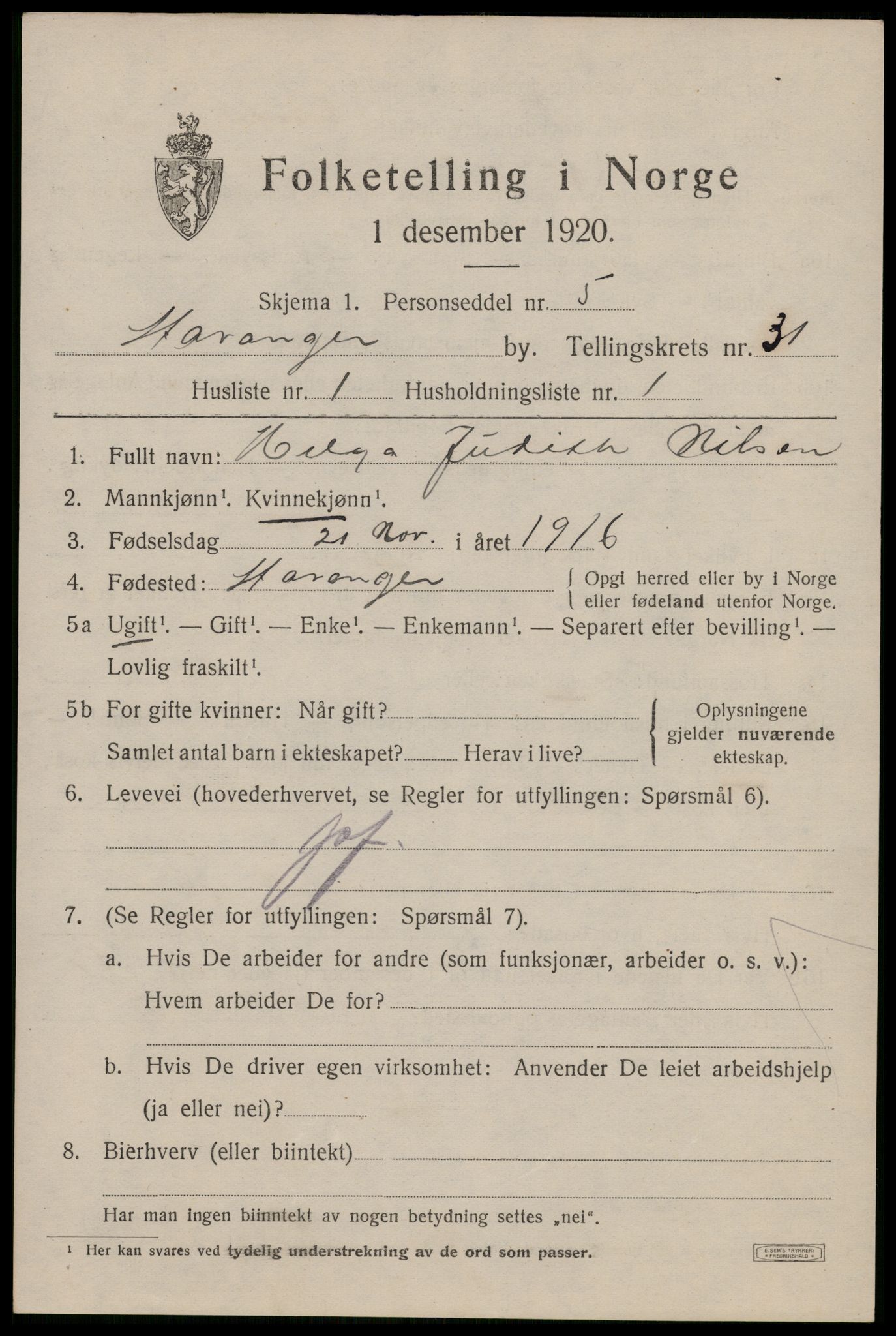 SAST, 1920 census for Stavanger, 1920, p. 86856