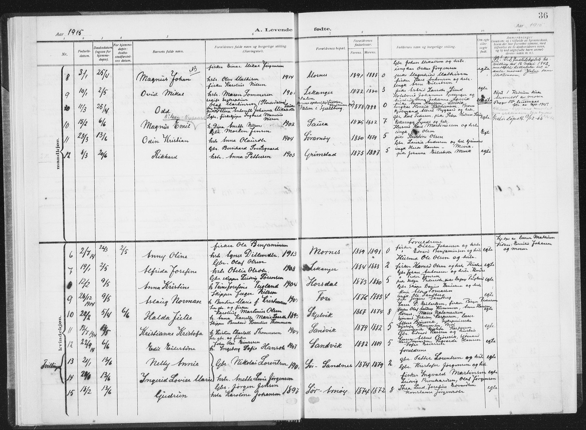 Ministerialprotokoller, klokkerbøker og fødselsregistre - Nordland, AV/SAT-A-1459/805/L0104: Parish register (official) no. 805A09, 1909-1926, p. 36