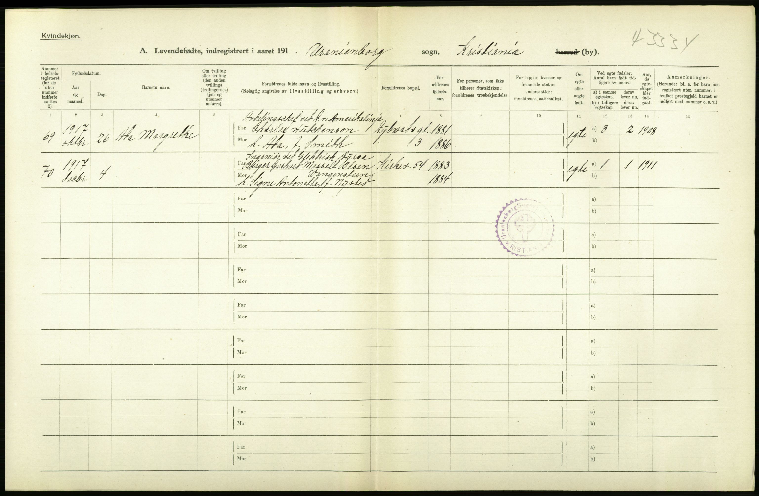 Statistisk sentralbyrå, Sosiodemografiske emner, Befolkning, RA/S-2228/D/Df/Dfb/Dfbg/L0007: Kristiania: Levendefødte menn og kvinner., 1917, p. 330