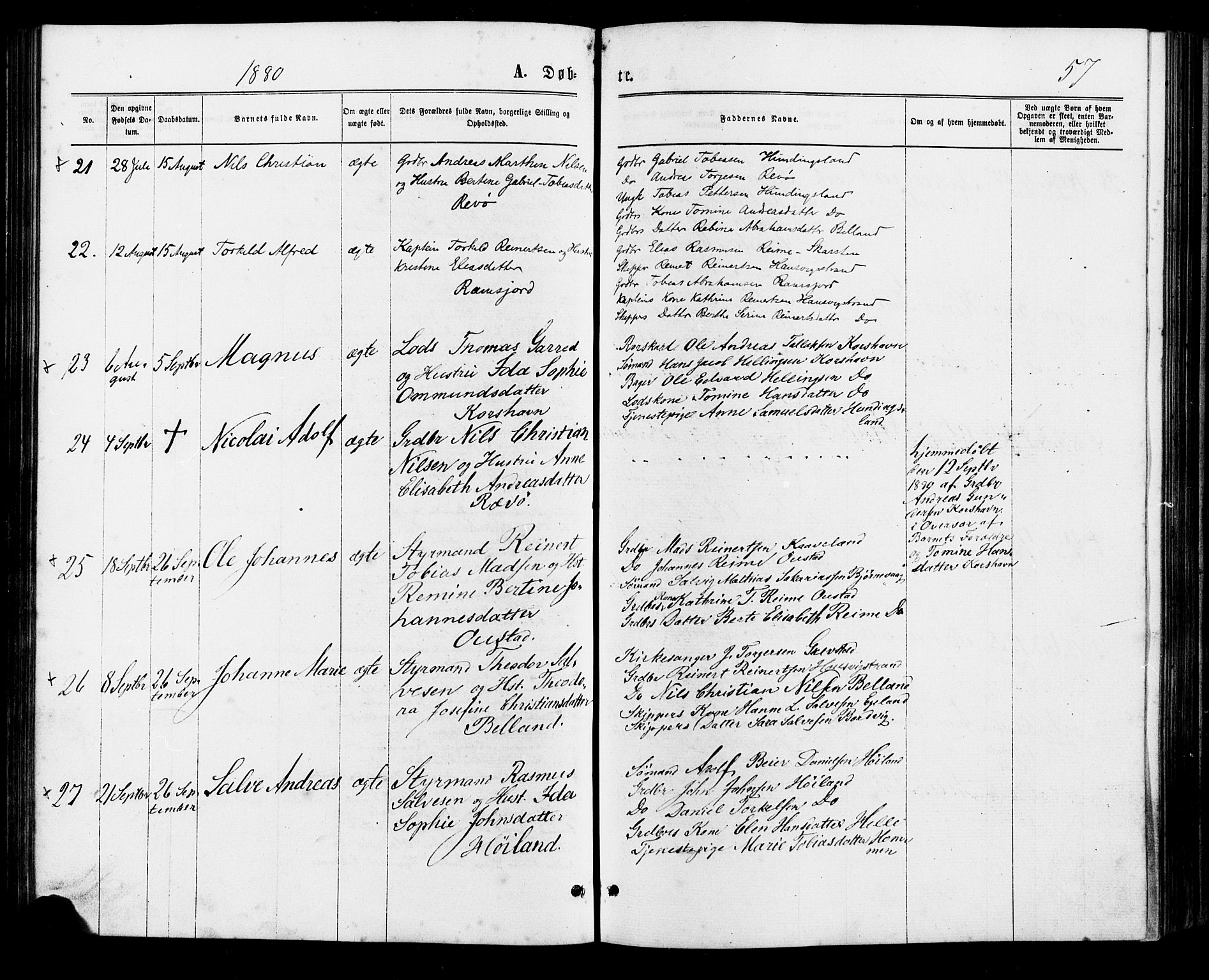 Lyngdal sokneprestkontor, AV/SAK-1111-0029/F/Fa/Faa/L0003: Parish register (official) no. A 3, 1871-1882, p. 57