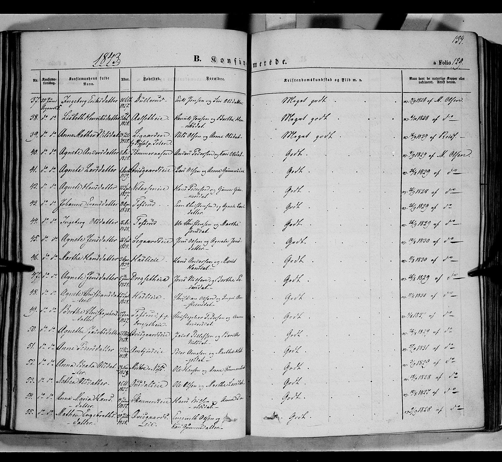 Biri prestekontor, SAH/PREST-096/H/Ha/Haa/L0005: Parish register (official) no. 5, 1843-1854, p. 134