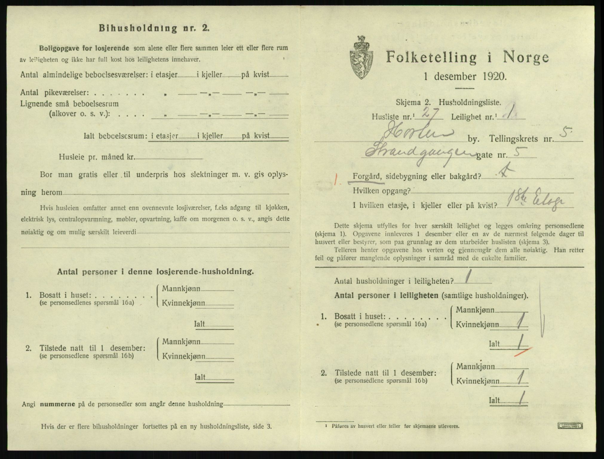 SAKO, 1920 census for Horten, 1920, p. 5737