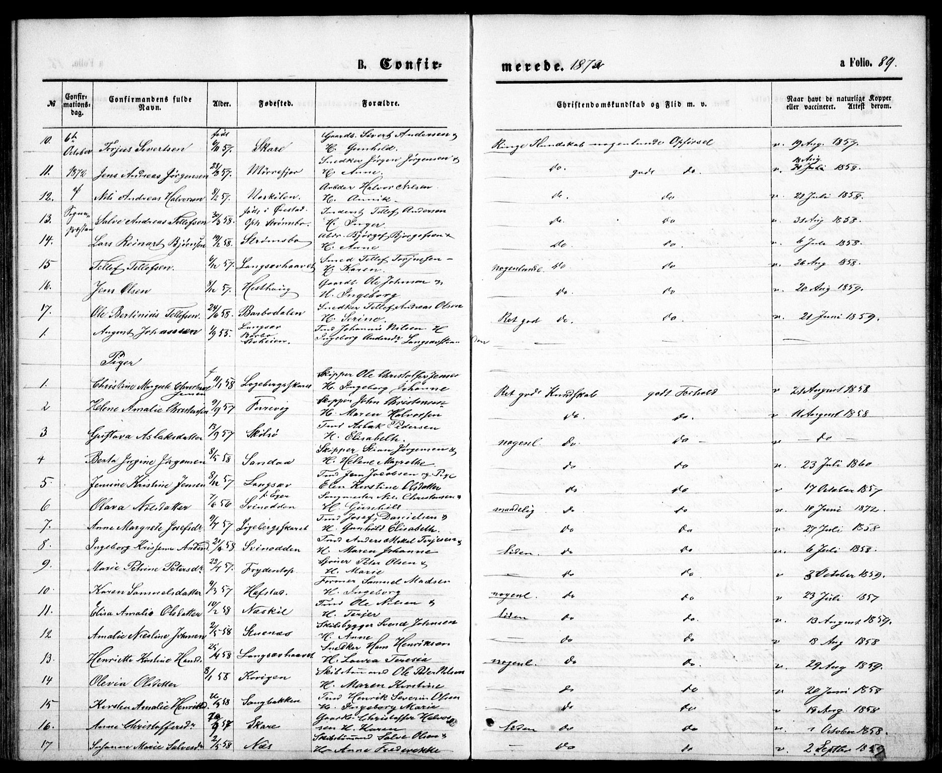 Tromøy sokneprestkontor, SAK/1111-0041/F/Fb/L0004: Parish register (copy) no. B 4, 1869-1877, p. 89