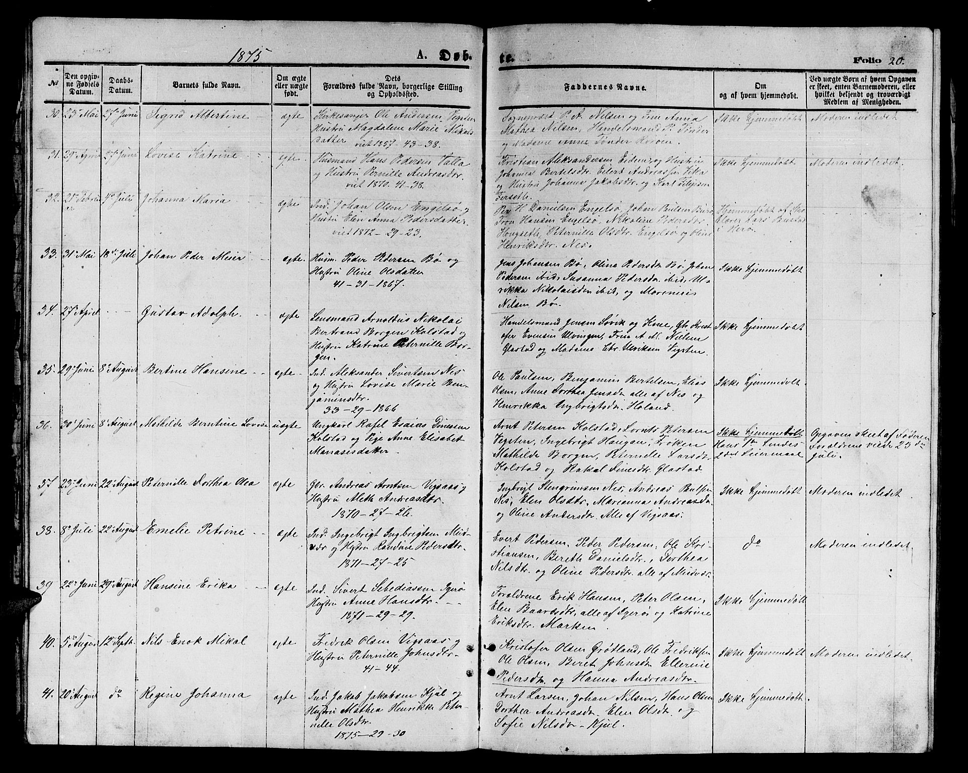 Ministerialprotokoller, klokkerbøker og fødselsregistre - Nordland, AV/SAT-A-1459/816/L0252: Parish register (copy) no. 816C02, 1871-1885, p. 20