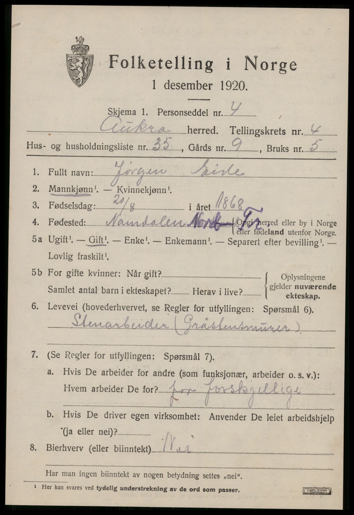 SAT, 1920 census for Aukra, 1920, p. 3195