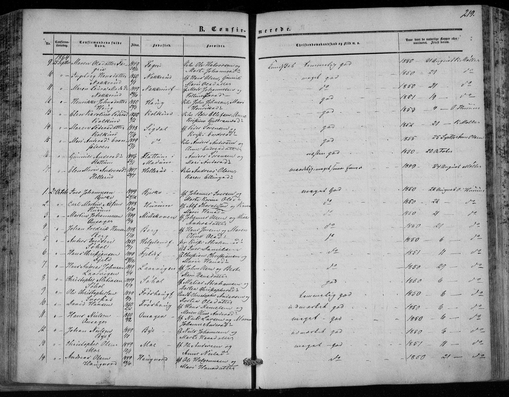 Hole kirkebøker, AV/SAKO-A-228/F/Fa/L0006: Parish register (official) no. I 6, 1852-1872, p. 219