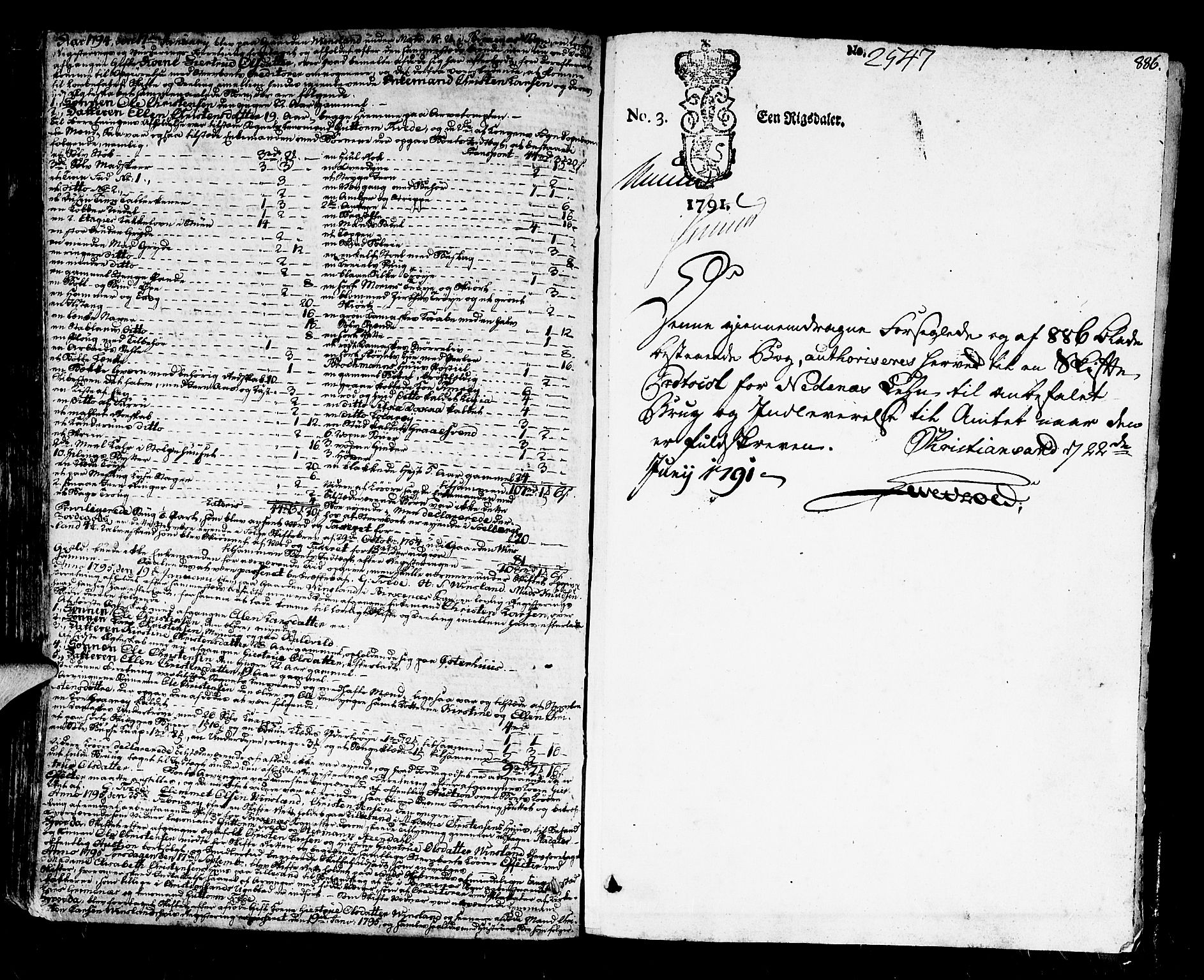 Nedenes sorenskriveri før 1824, SAK/1221-0007/H/Hc/L0041: Skifteprotokoll med register nr 28, 1791-1795, p. 885b-886a