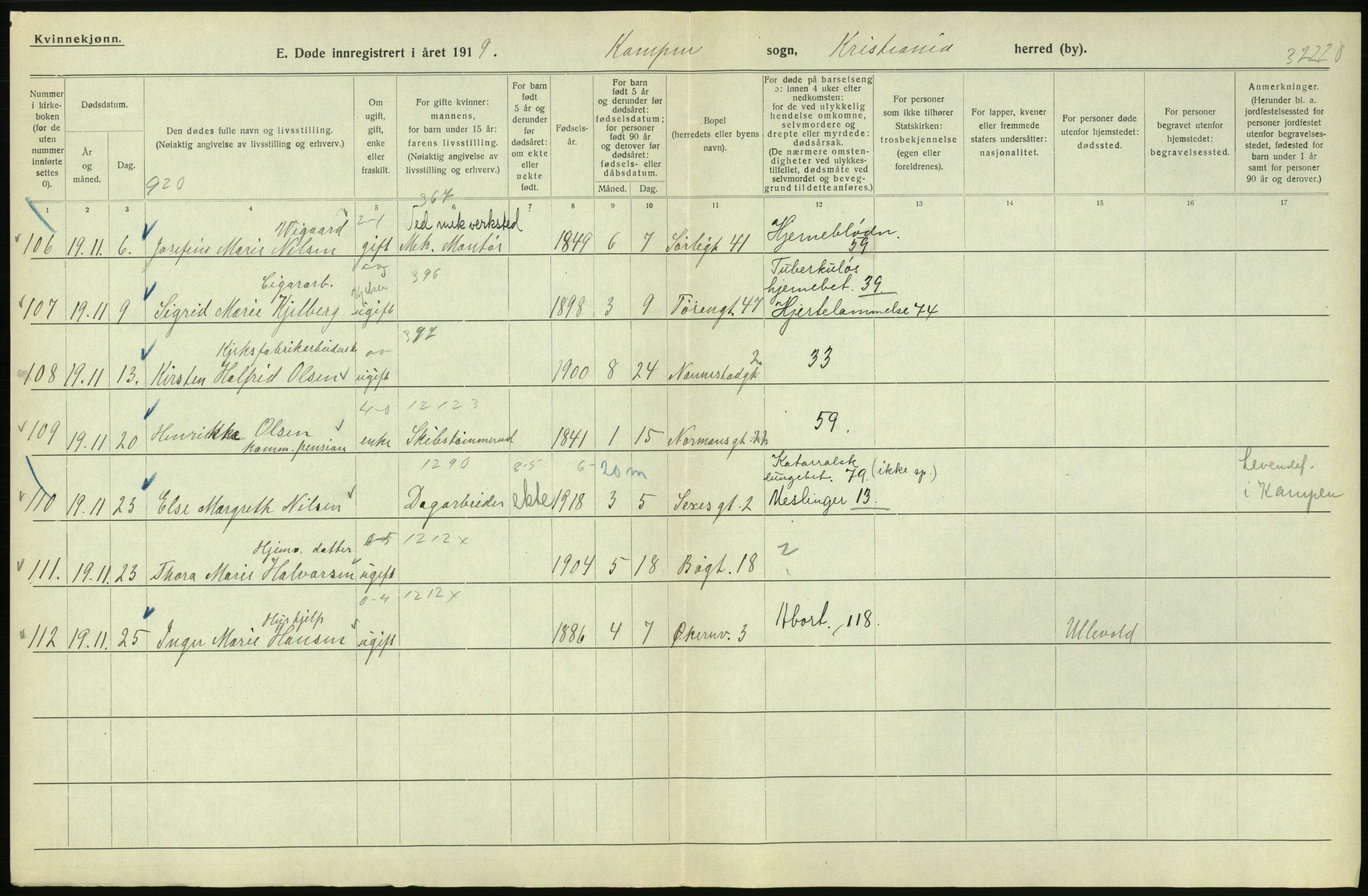 Statistisk sentralbyrå, Sosiodemografiske emner, Befolkning, AV/RA-S-2228/D/Df/Dfb/Dfbi/L0010: Kristiania: Døde, 1919, p. 138