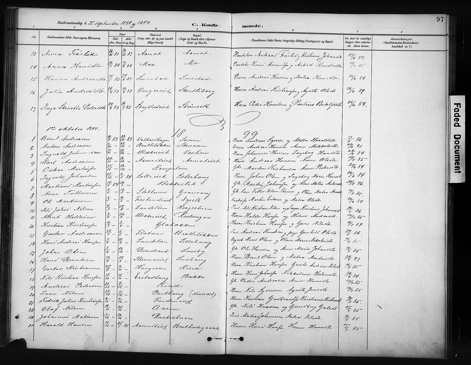 Nordre Land prestekontor, SAH/PREST-124/H/Ha/Hab/L0012: Parish register (copy) no. 12, 1891-1909, p. 97