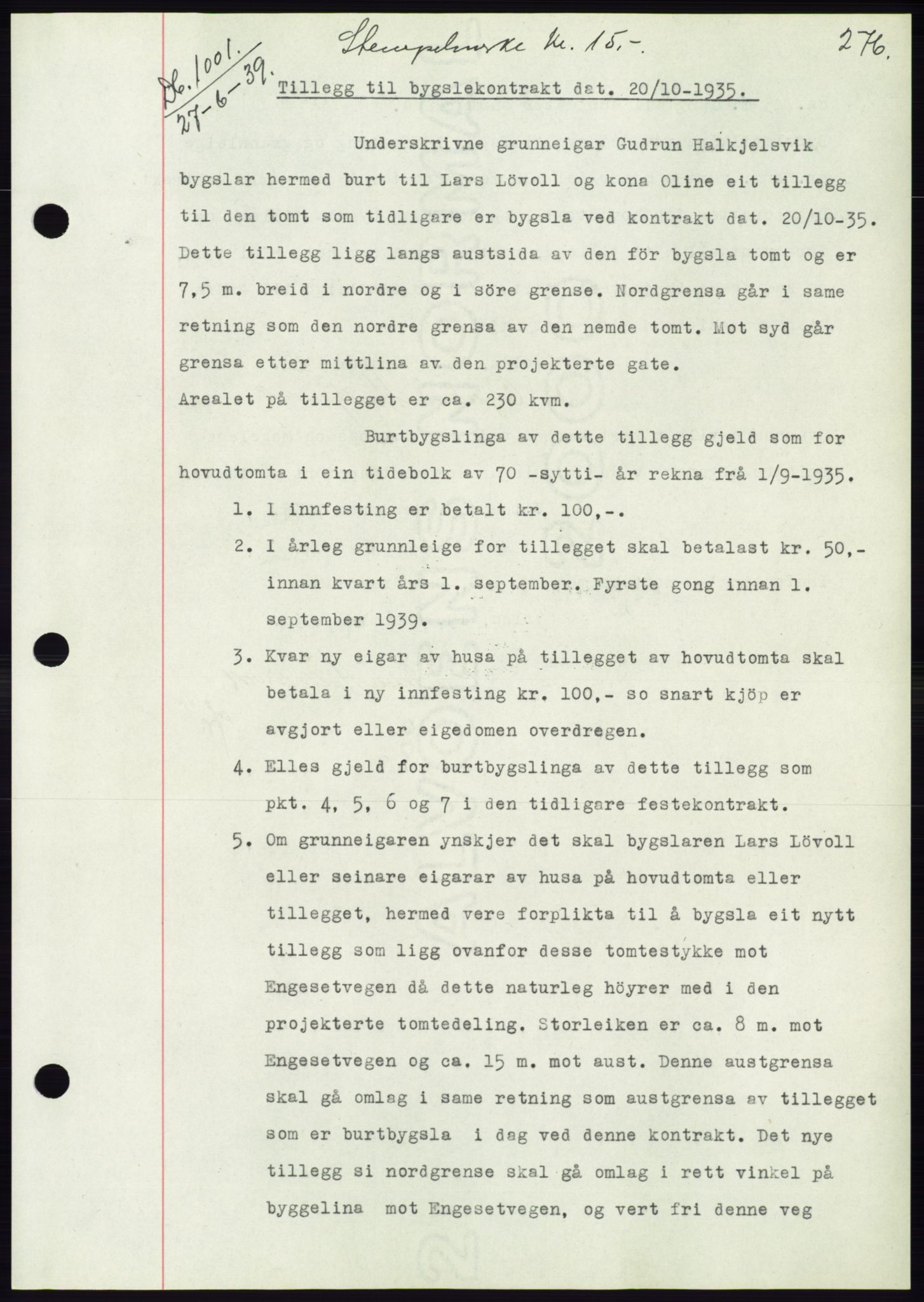 Søre Sunnmøre sorenskriveri, AV/SAT-A-4122/1/2/2C/L0068: Mortgage book no. 62, 1939-1939, Diary no: : 1001/1939