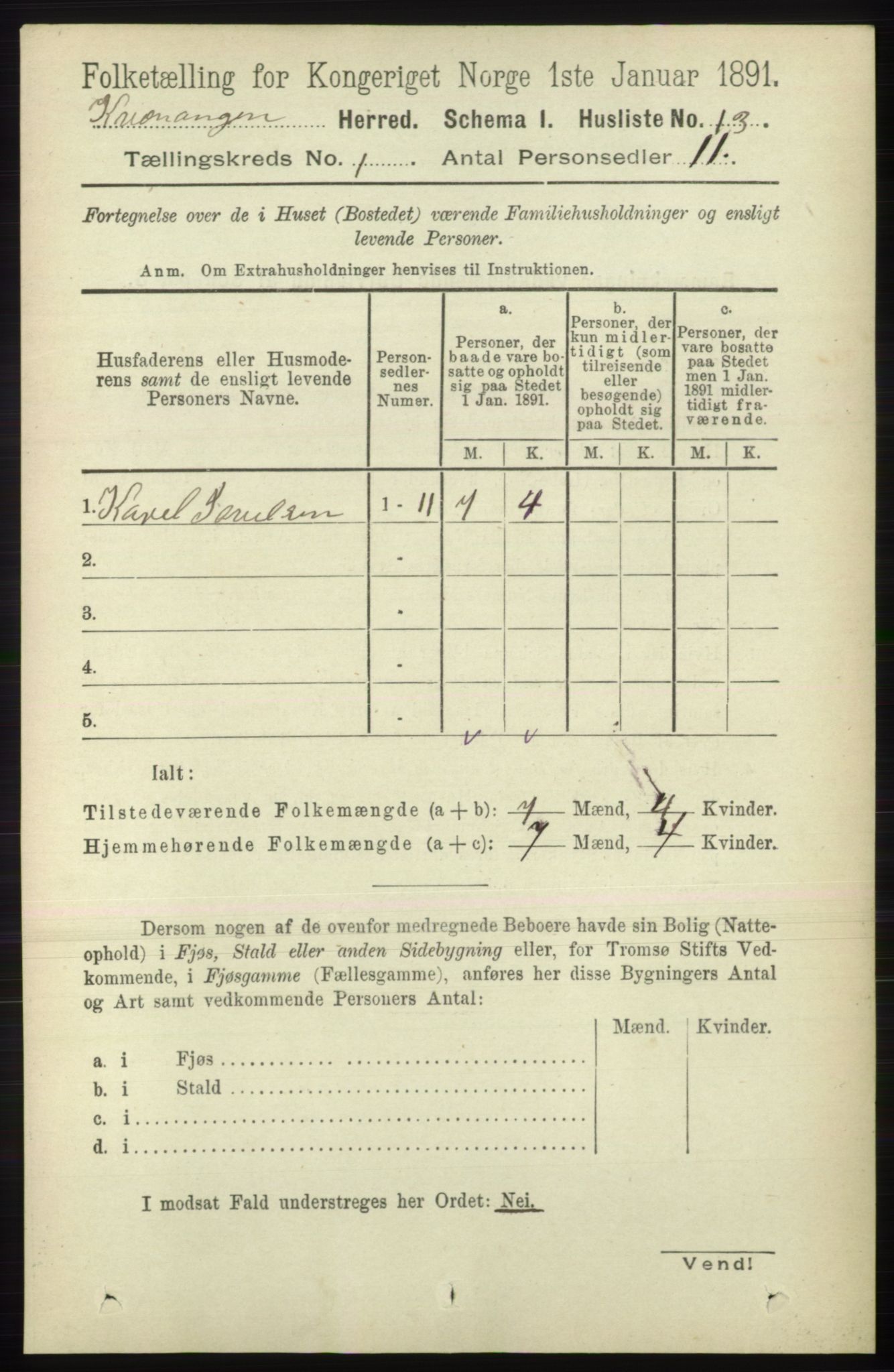 RA, 1891 census for 1943 Kvænangen, 1891, p. 26